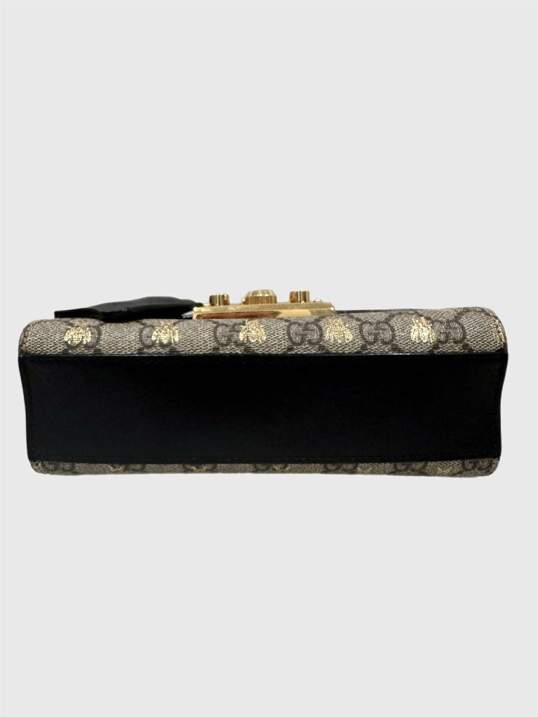 Gucci Bee GG Supreme Beige Canvas Black Leather Padlock - Small