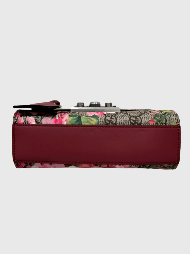 Gucci GG Blooms Floral Red Pink Padlock Canvas Crossbody Bag