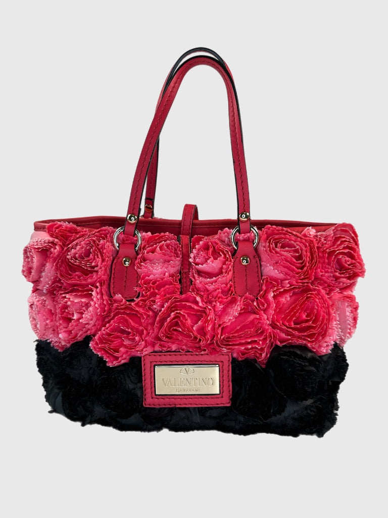 Valentino Garavani Rosier Medium Tote w/Real Pink and Black Fabric Rosettes