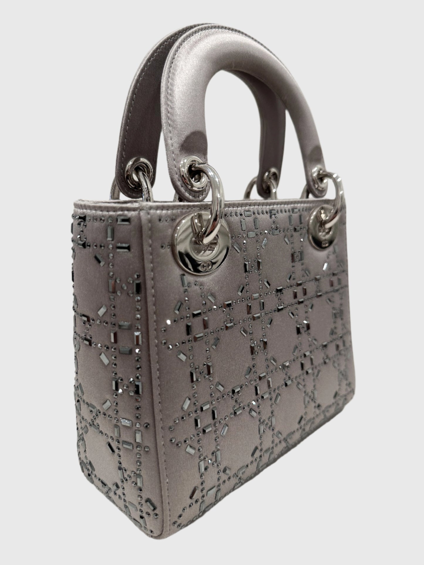 Christian Dior Gray Satin Crystal Cannage Mini Lady Dior Crossbody Bag