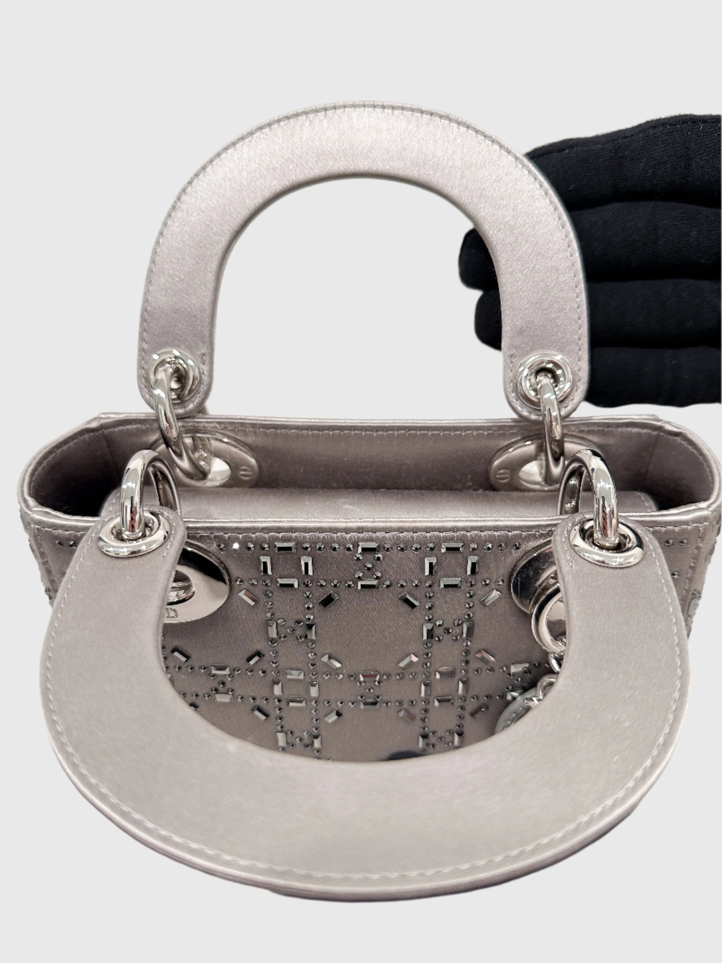 Christian Dior Gray Satin Crystal Cannage Mini Lady Dior Crossbody Bag