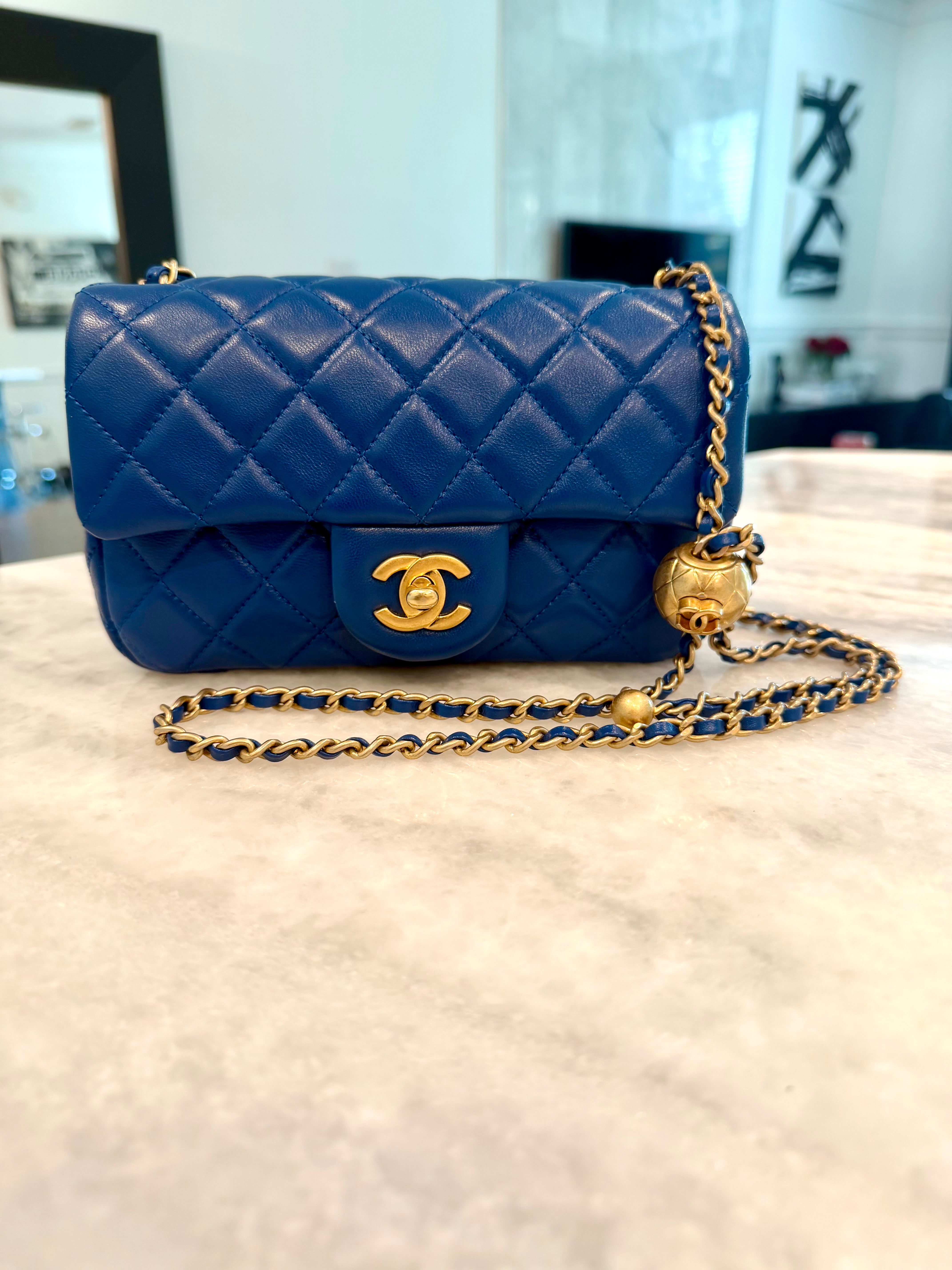 Chanel Mini Rectangle Blue Pearl Crush Adjustable Flap Bag