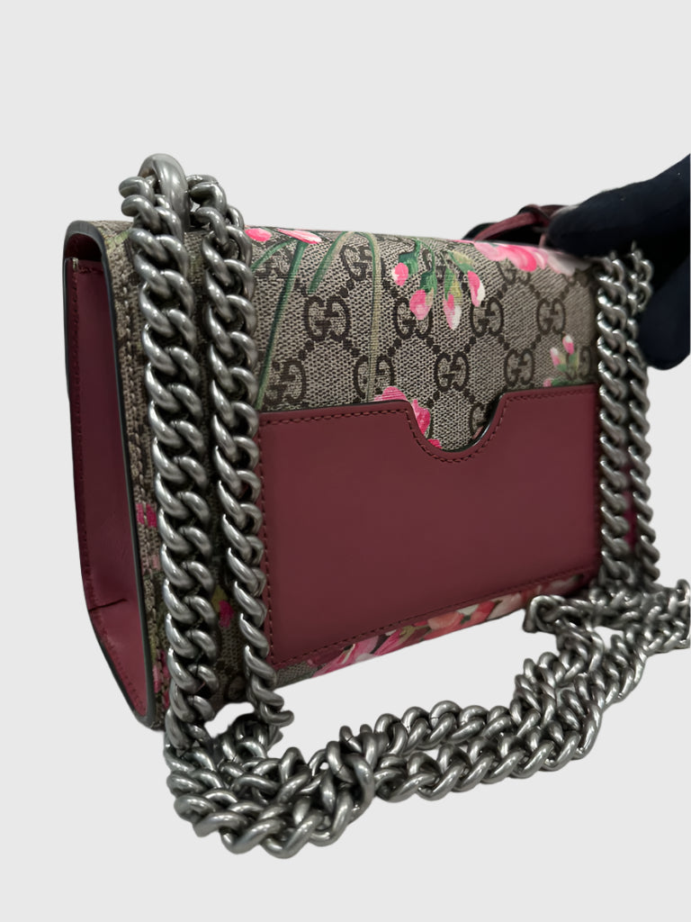 Gucci GG Blooms Floral Red Pink Padlock Canvas Crossbody Bag