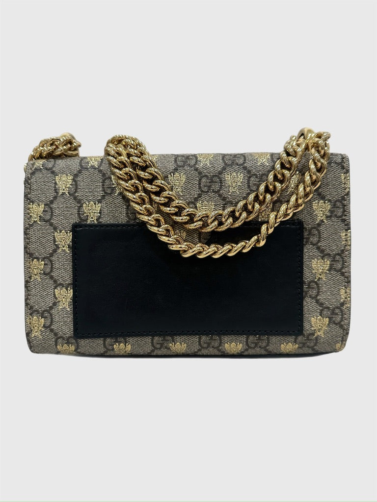Gucci Bee GG Supreme Beige Canvas Black Leather Padlock - Small