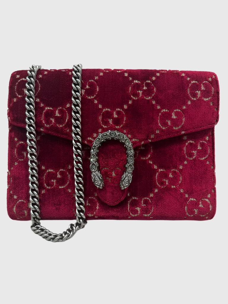 Gucci GG Burgundy Red Velvet Crystal Dionysus Small Crossbody Bag