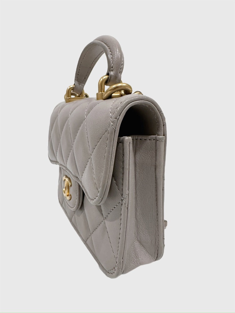 Chanel Top Handle Flap Coin Purse with Chain Gray Quilted Lambskin Crossbody