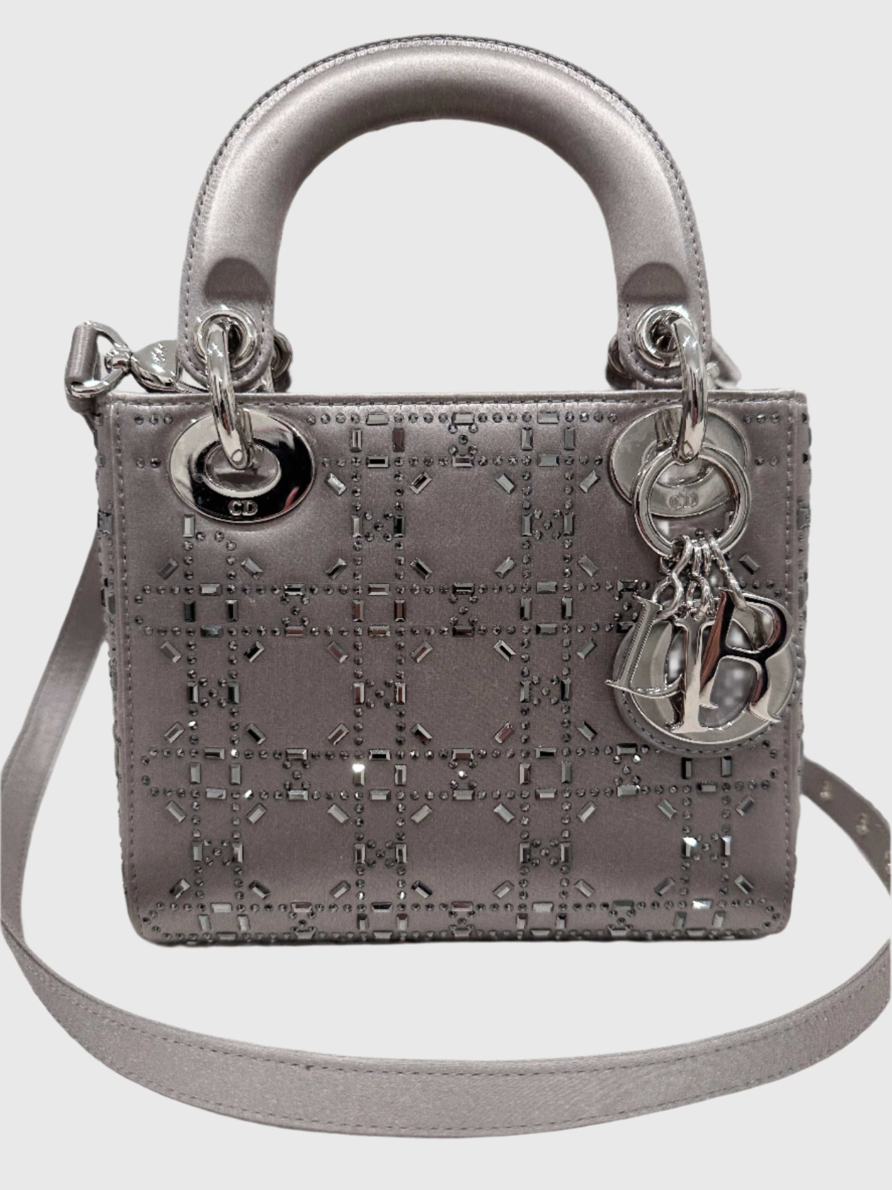 Christian Dior Gray Satin Crystal Cannage Mini Lady Dior Crossbody Bag