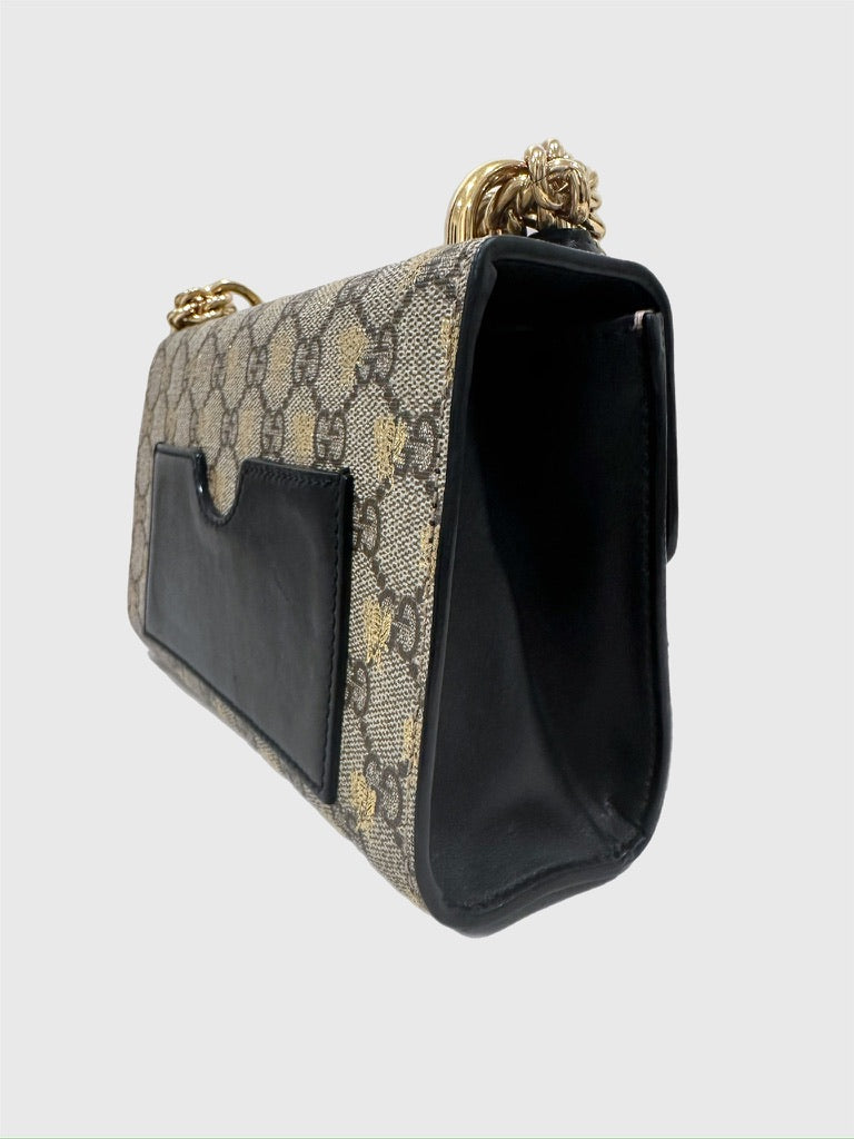 Gucci Bee GG Supreme Beige Canvas Black Leather Padlock - Small