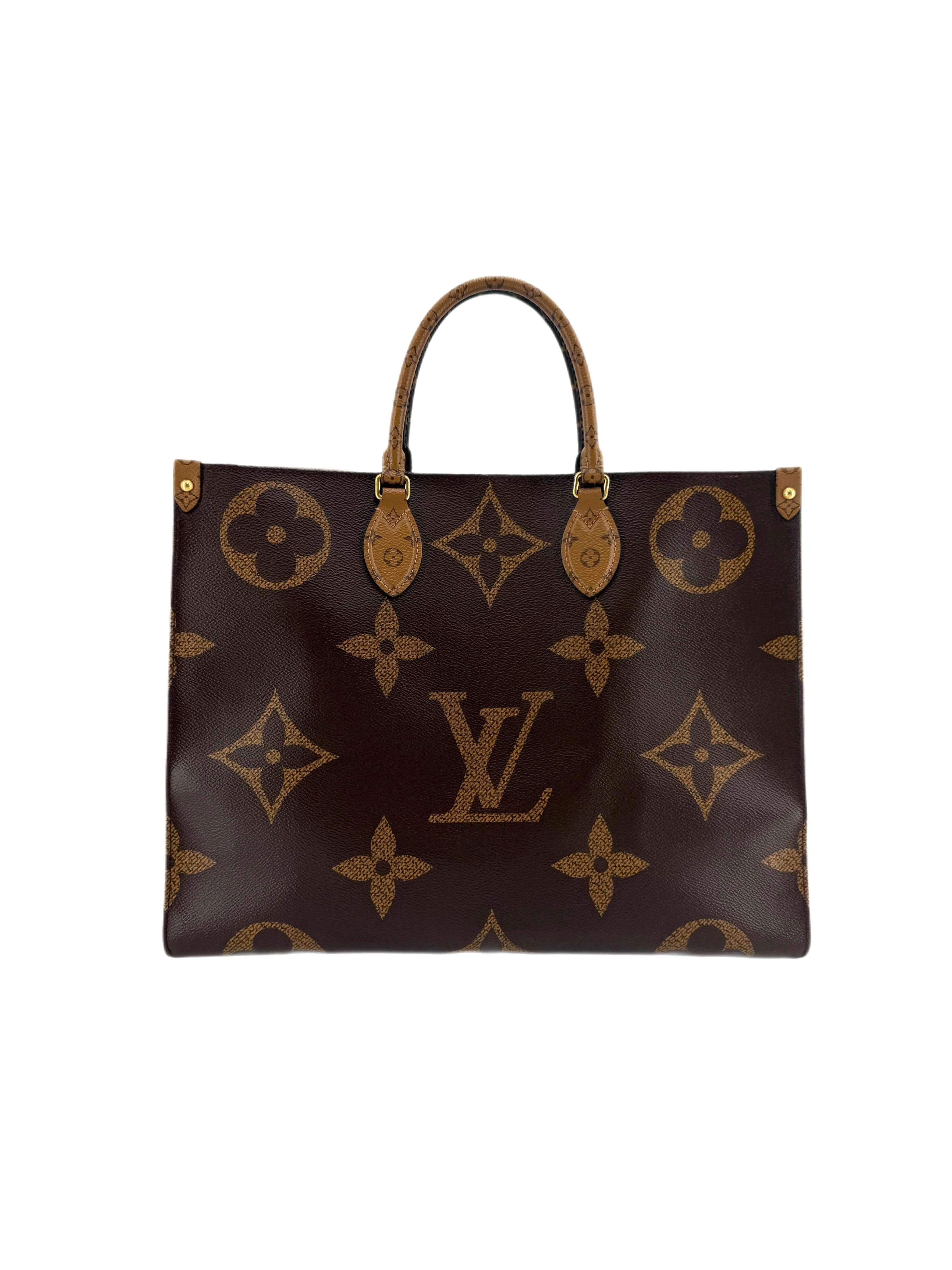 Louis Vuitton OnTheGo GM Monogram Reverse Canvas Tote Bag with Red Interior and Shoulder Straps