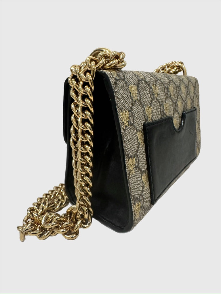 Gucci Bee GG Supreme Beige Canvas Black Leather Padlock - Small