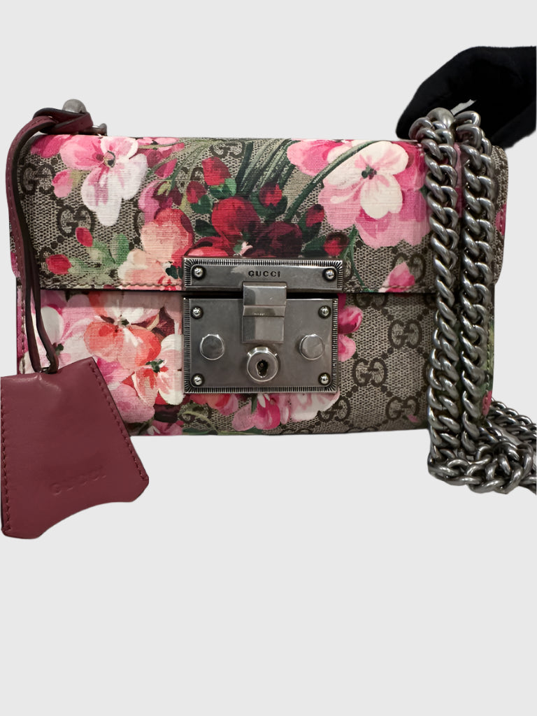 Gucci GG Blooms Floral Red Pink Padlock Canvas Crossbody Bag
