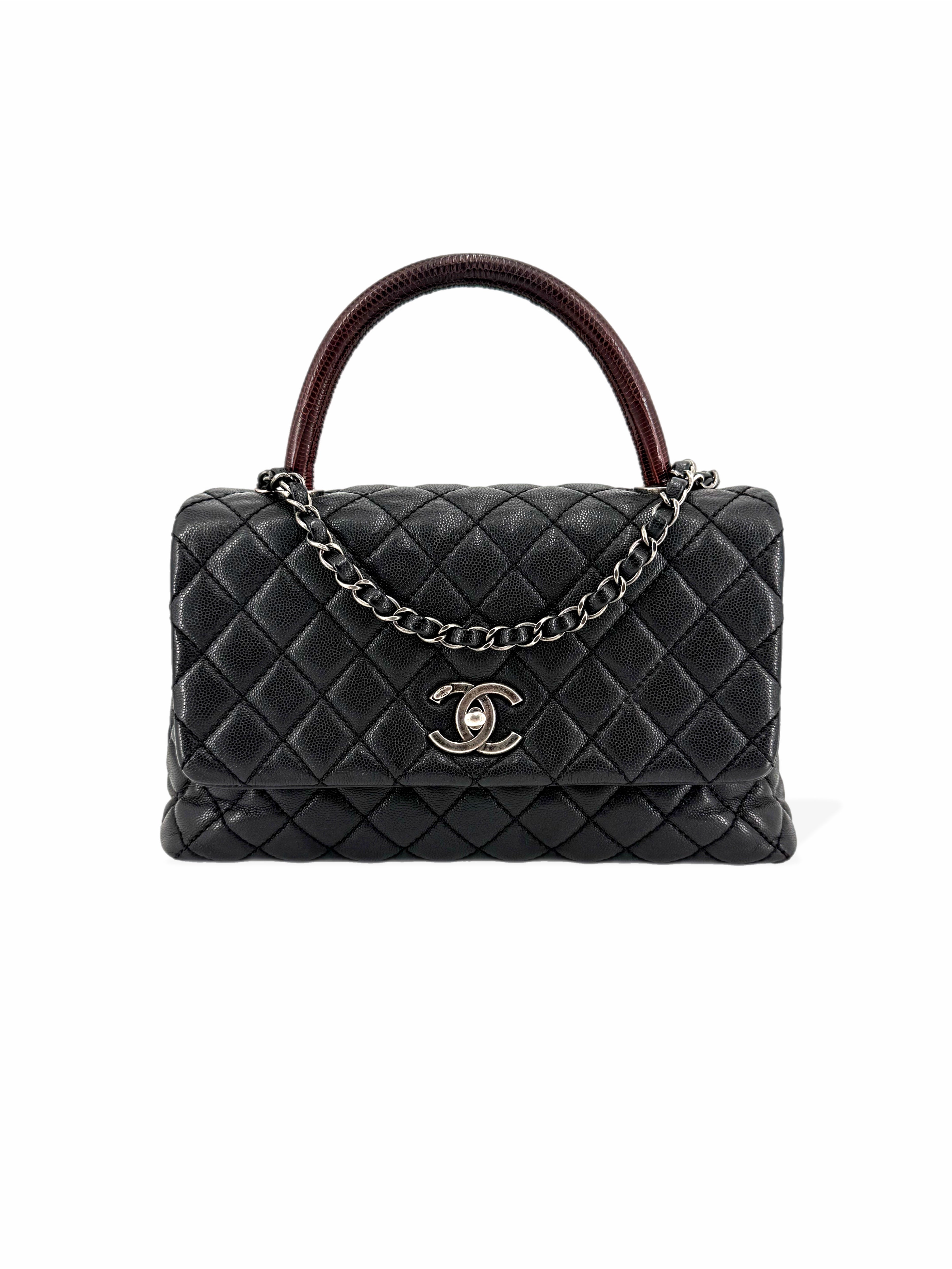 Pre-Owned Chanel Coco Red Lizard Handle Black Caviar Small Shoulder Bag