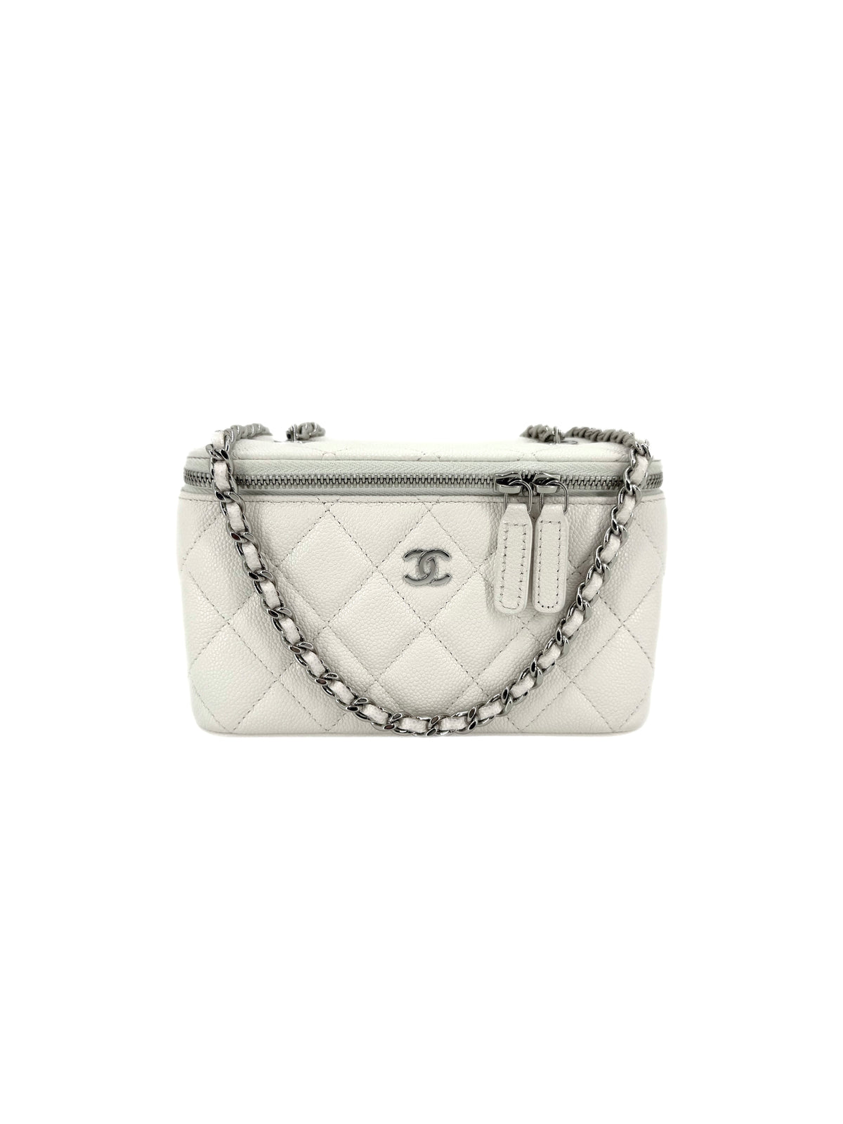 Pre-Owned Chanel Vanity Case with Mirror White Quilted Caviar Leather Silver Hardware