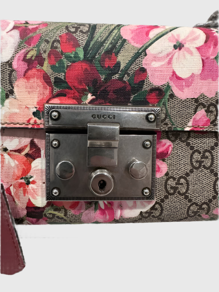 Gucci GG Blooms Floral Red Pink Padlock Canvas Crossbody Bag