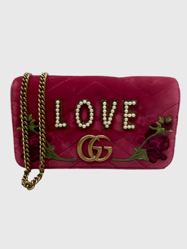 Gucci GG Marmont Pink Velvet Love Pearl Rose Embroidered Crossbody Bag