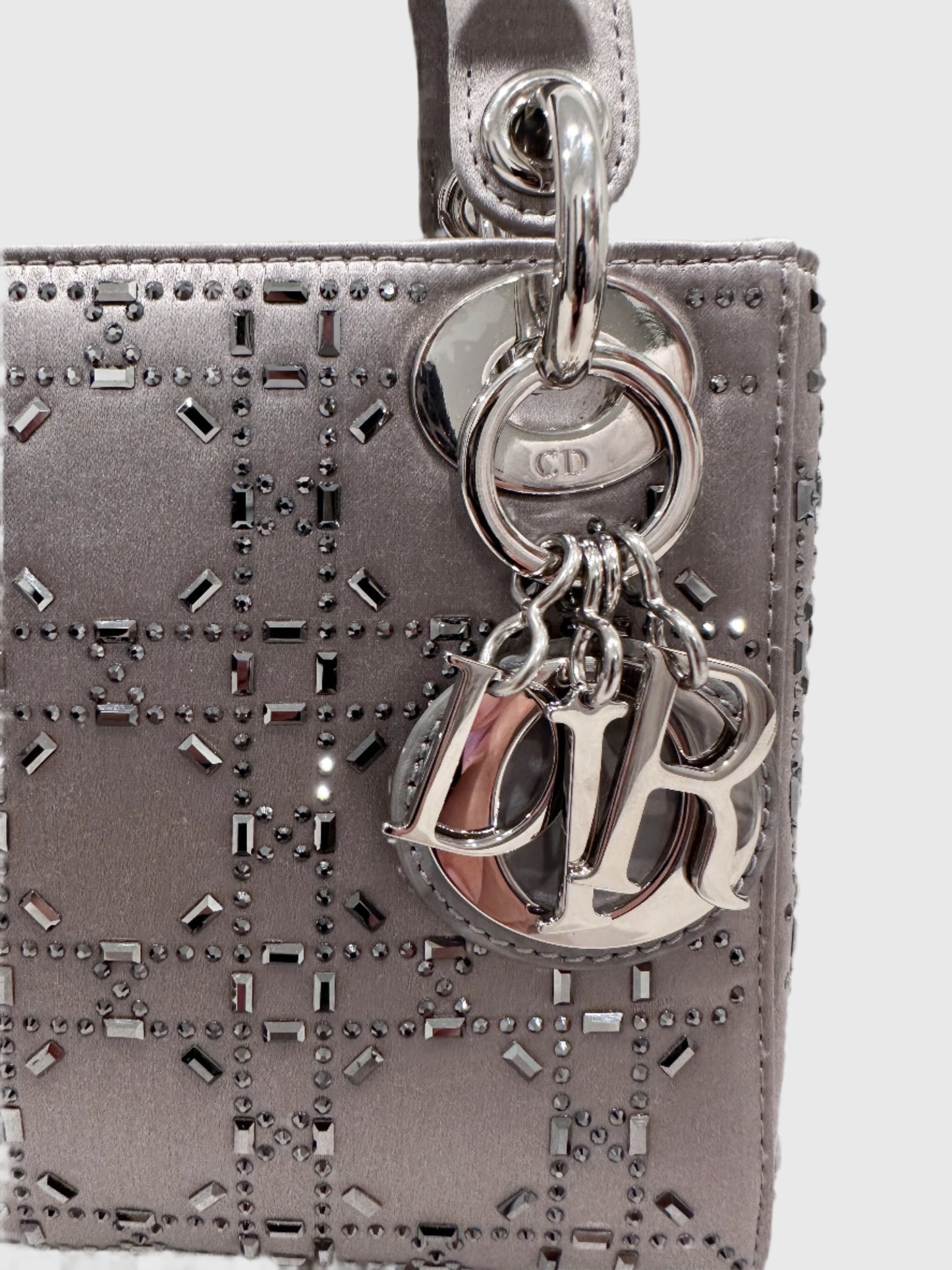 Christian Dior Gray Satin Crystal Cannage Mini Lady Dior Crossbody Bag