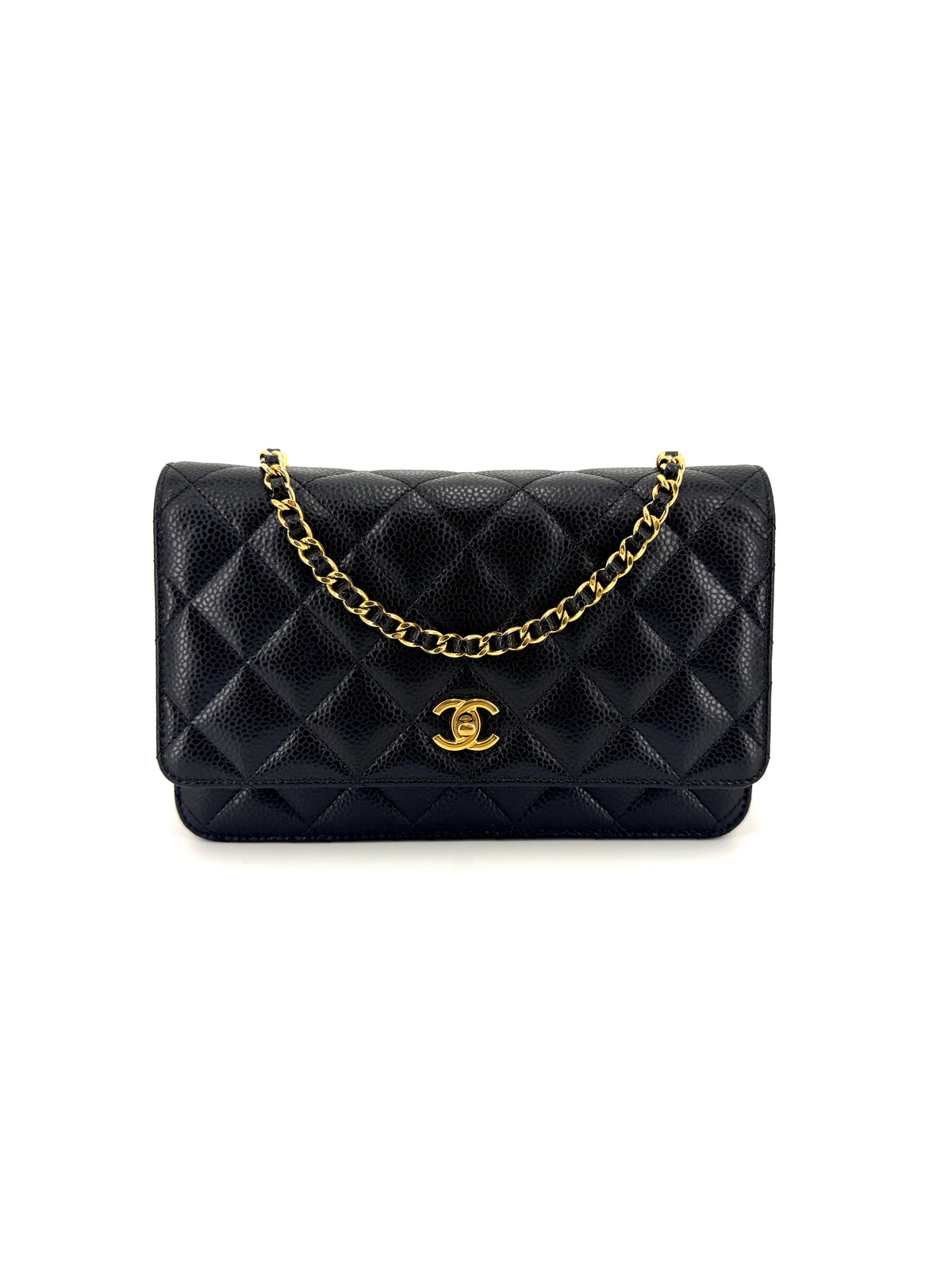 Authentic Chanel CC Turnlock Wallet on Chain in black quilted caviar leather with gold-tone hardware, signature CC turnlock closure, and burgundy interior.