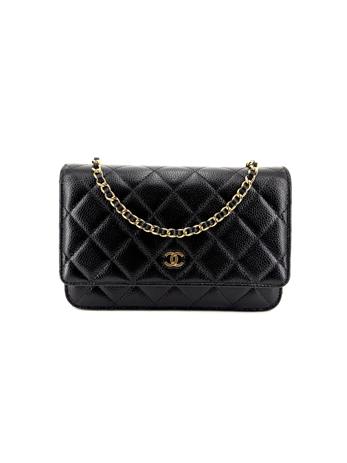 uthentic Chanel Classic Wallet on Chain in black diamond-quilted caviar leather with gold-tone CC logo, magnetic flap closure, and leather-interwoven chain strap.