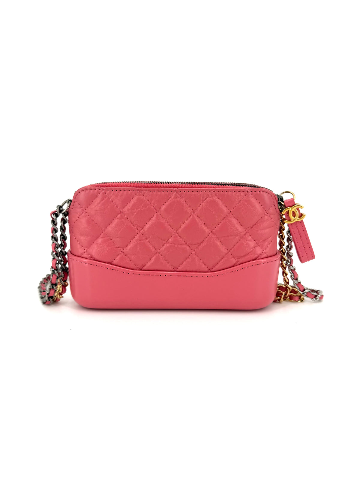 Authentic Chanel Gabrielle Double Zip Clutch in pink quilted aged calfskin leather with mixed metal hardware, two zippered compartments, and removable chain strap.