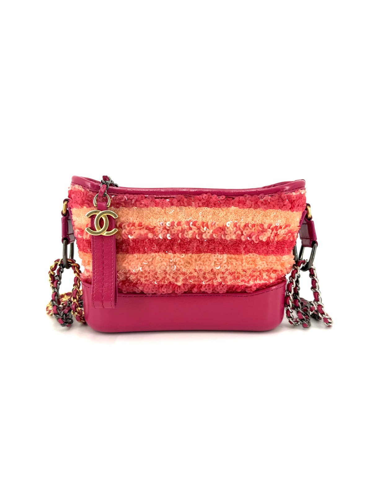 Chanel Gabrielle Small Hobo Bag with pink, peach, and beige striped sequins, raspberry-pink leather base, CC charm, and mixed metal chain straps.