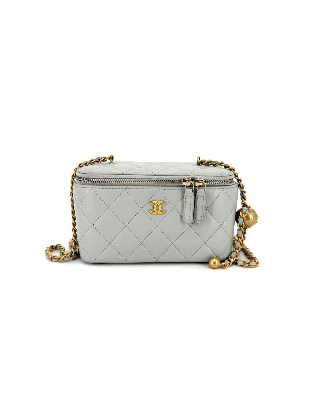 Chanel Vanity Pearl Crush bag in light gray quilted lambskin leather with gold-tone CC logo, double zipper closure, adjustable chain strap, and signature gold Pearl Crush detail.