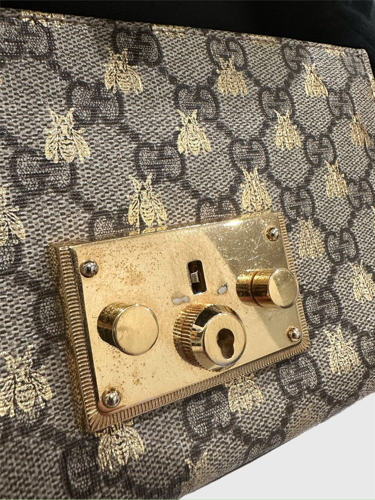 Gucci Bee GG Supreme Beige Canvas Black Leather Padlock - Small
