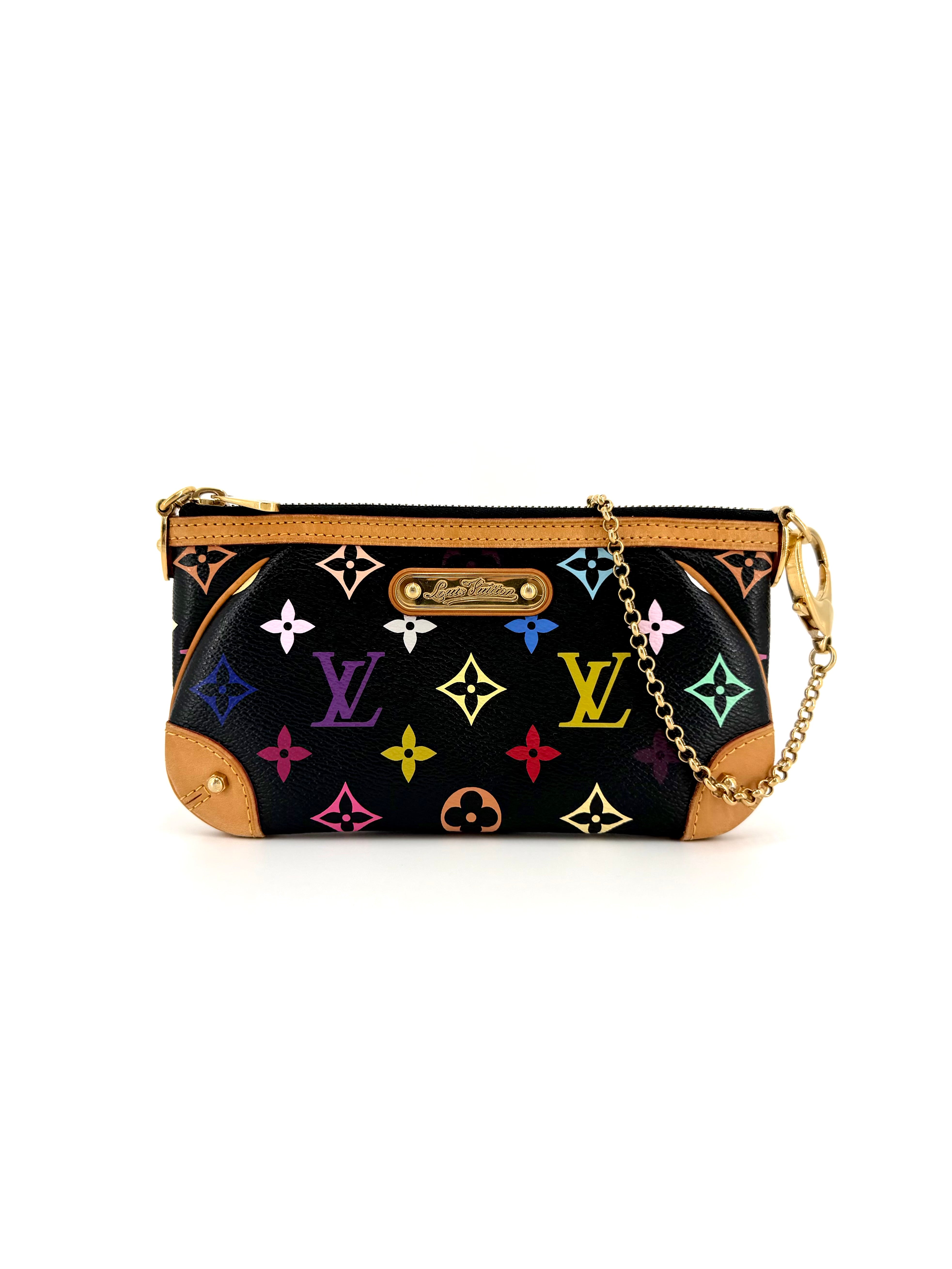 Louis Vuitton Murakami Mila, LV Multicolor Monogram shoulder bag, Louis Vuitton black multicolor bag, Takashi Murakami Louis Vuitton, pre-owned Louis Vuitton Murakami, LV Mila shoulder bag, Louis Vuitton bag fits iPhone Pro Max.