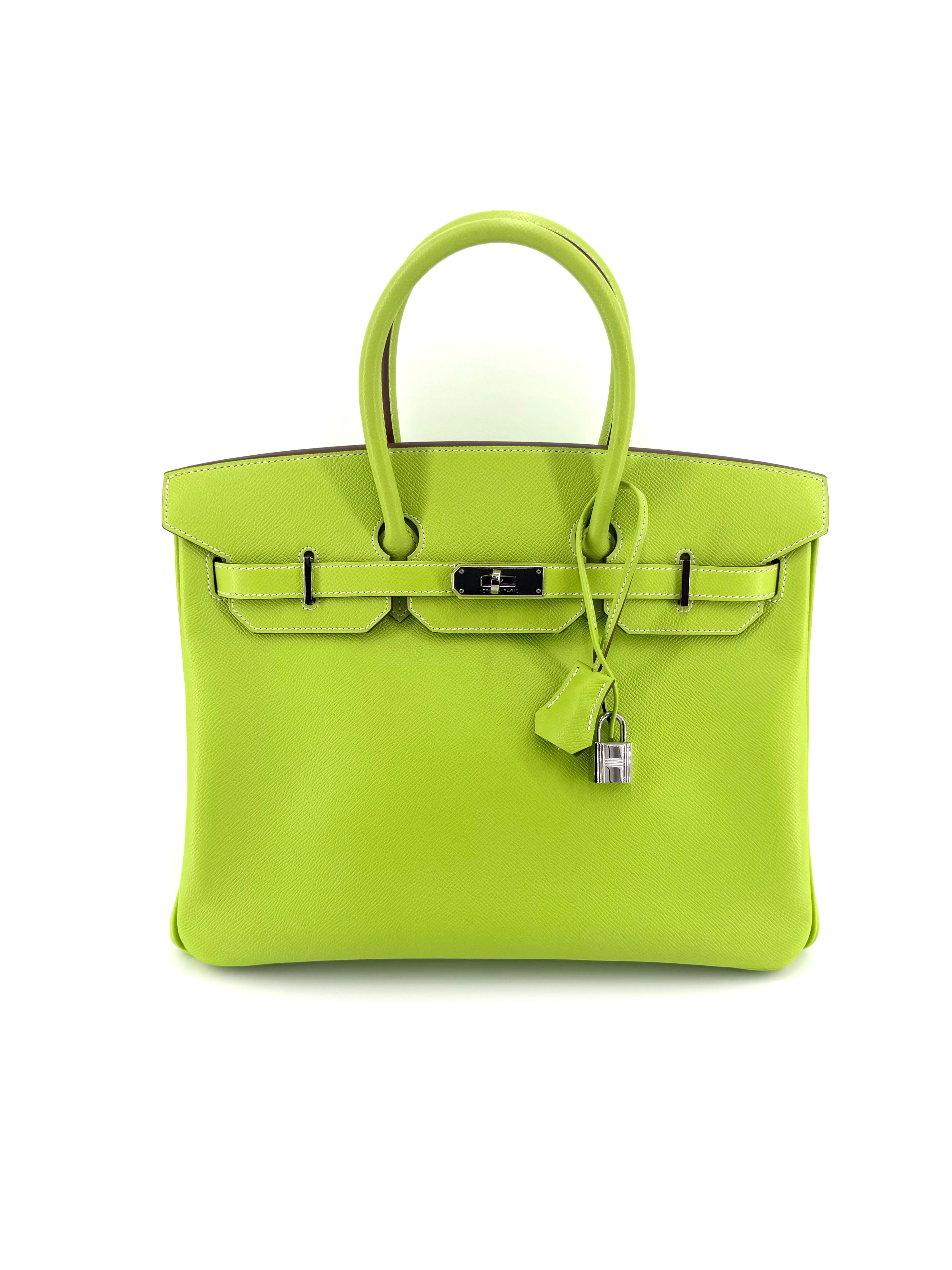 Authentic Hermès Birkin 35 Kiwi Verso Lichen Epsom leather handbag with Palladium Hardware, lock, clochette, keys, and dust bag.