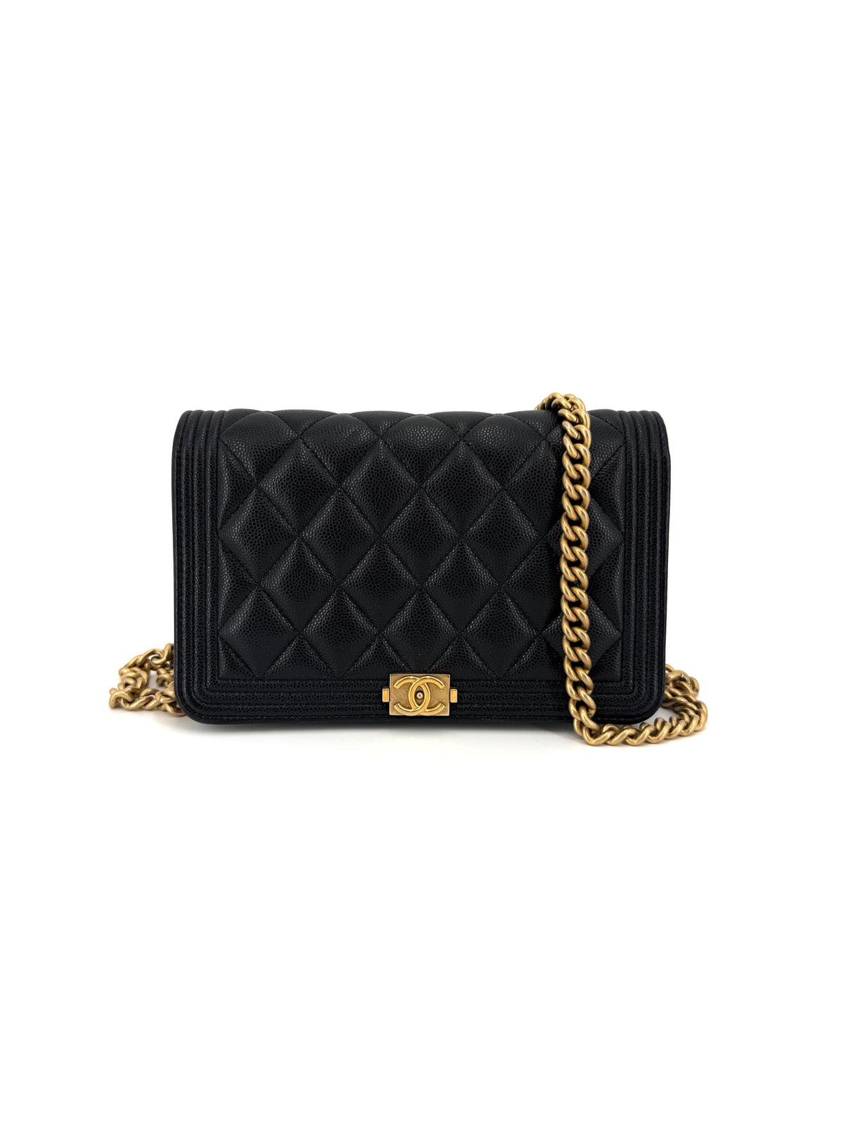 PRE-OWNED CHANEL BOY WALLET ON CHAIN WOC BLACK CAVIAR LEATHER GOLD HARDWARE