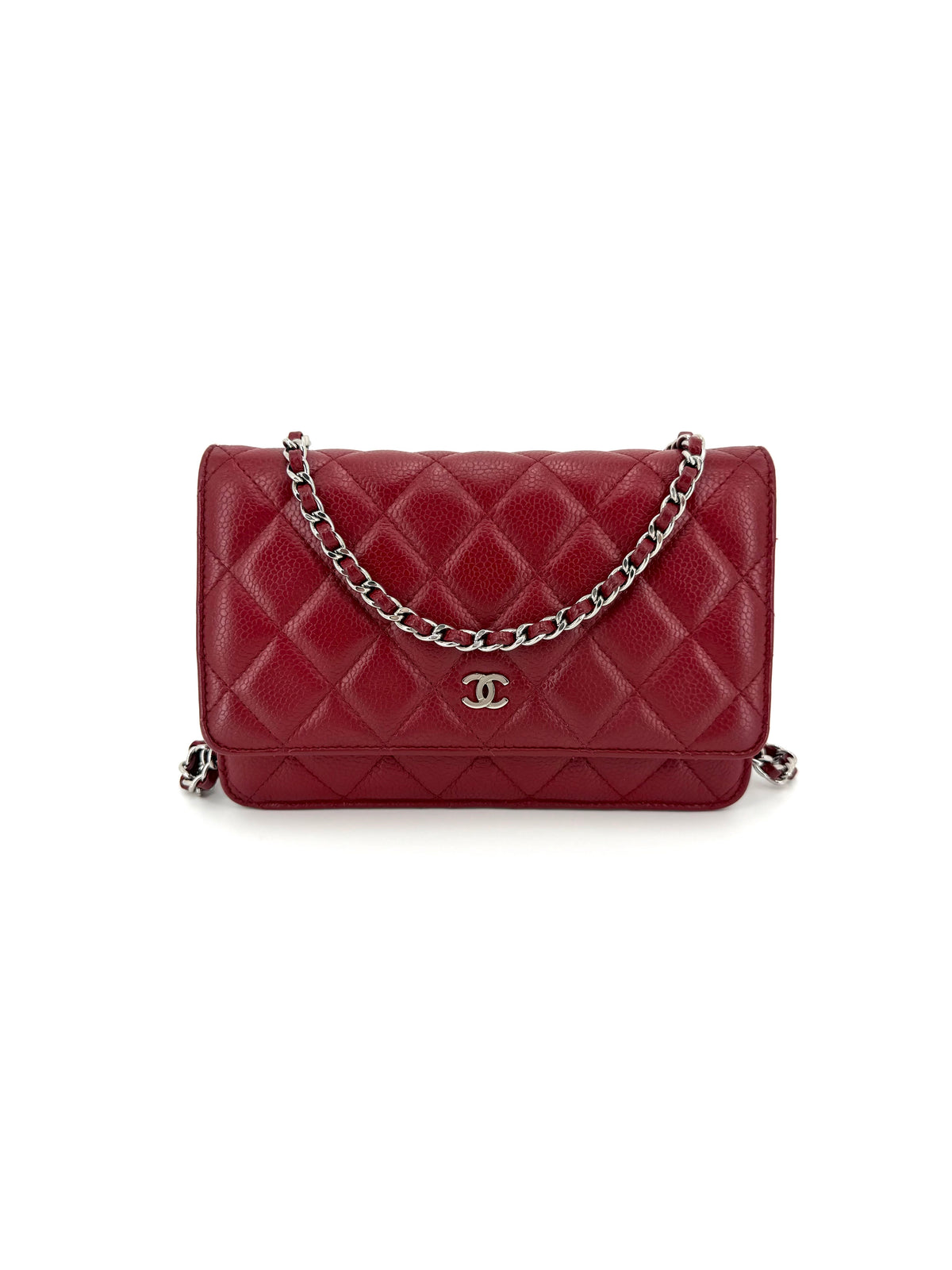 Pre-Owned Chanel Classic Wallet on Chain WOC Red Quilted Caviar Leather Silver Hardware