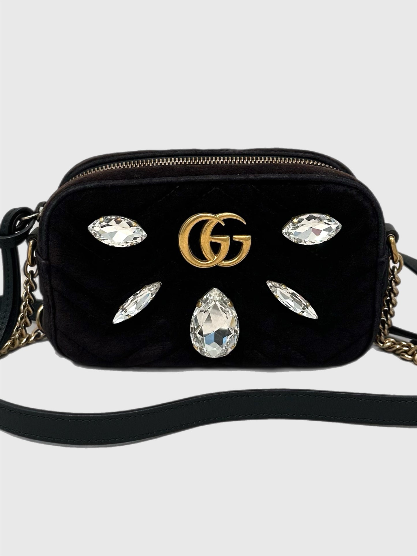 Gucci GG Marmont Black Velvet Crystal Crossbody Camera Bag