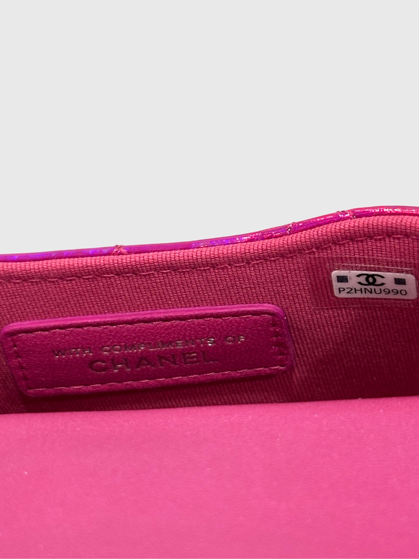 Chanel Pink Iridescent Quilted Patent Leather Hook Card Holder