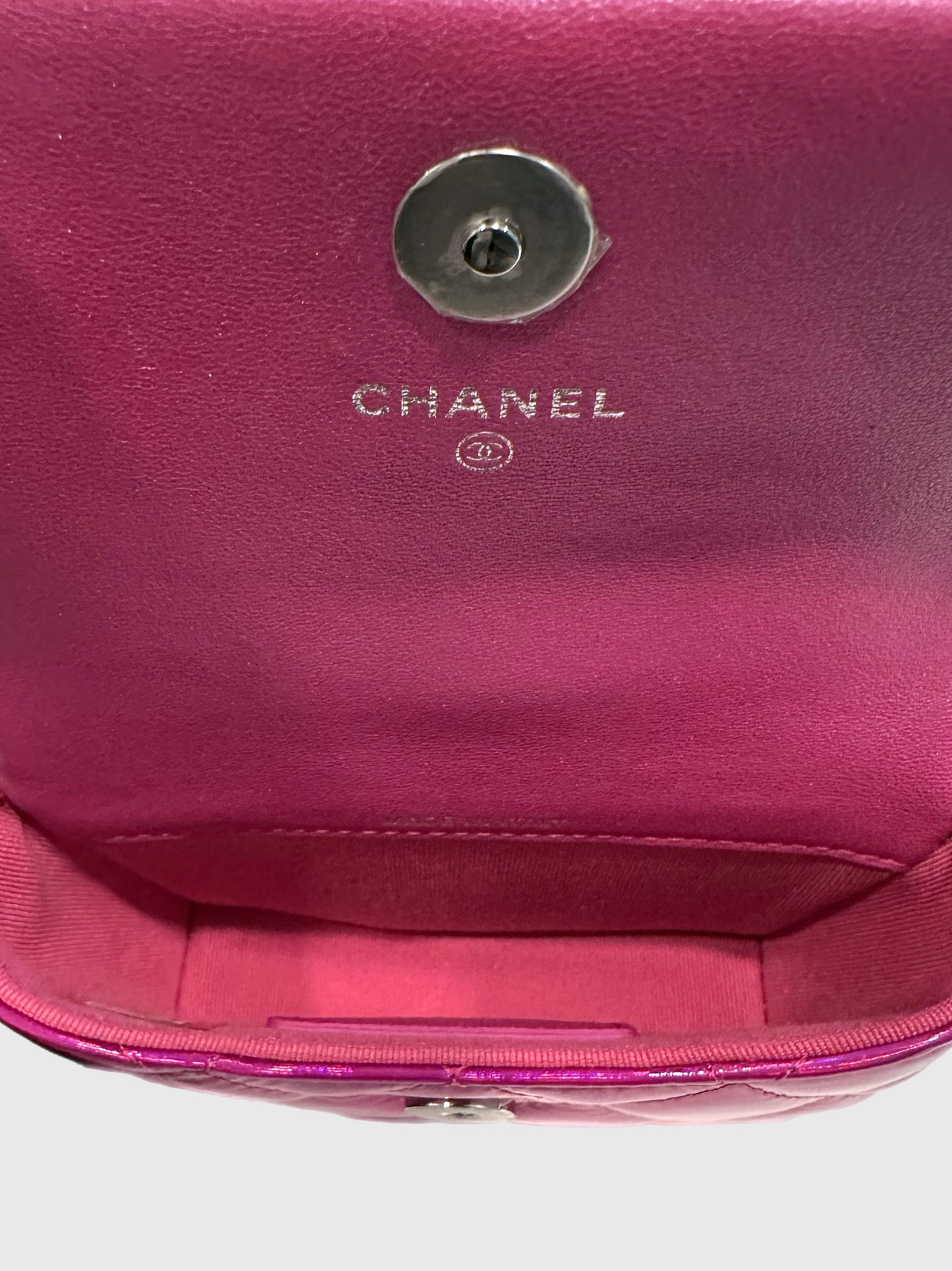 Chanel Pink Iridescent Quilted Patent Leather Hook Card Holder