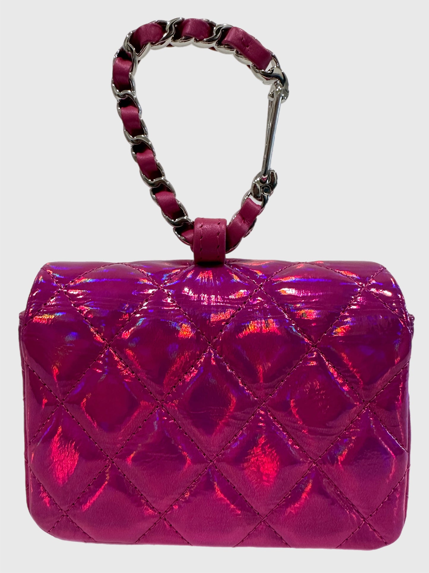 Chanel Pink Iridescent Quilted Patent Leather Hook Card Holder