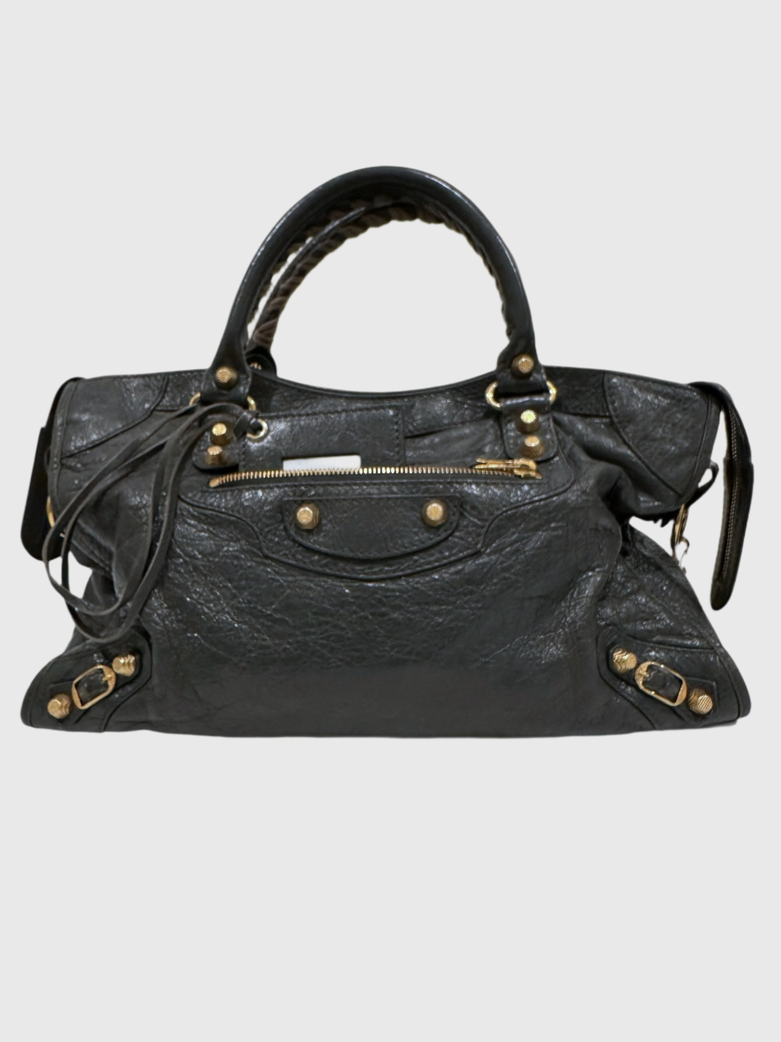 Balenciaga Dark Gray Leather Motocross City Giant Shoulder Bag with Strap