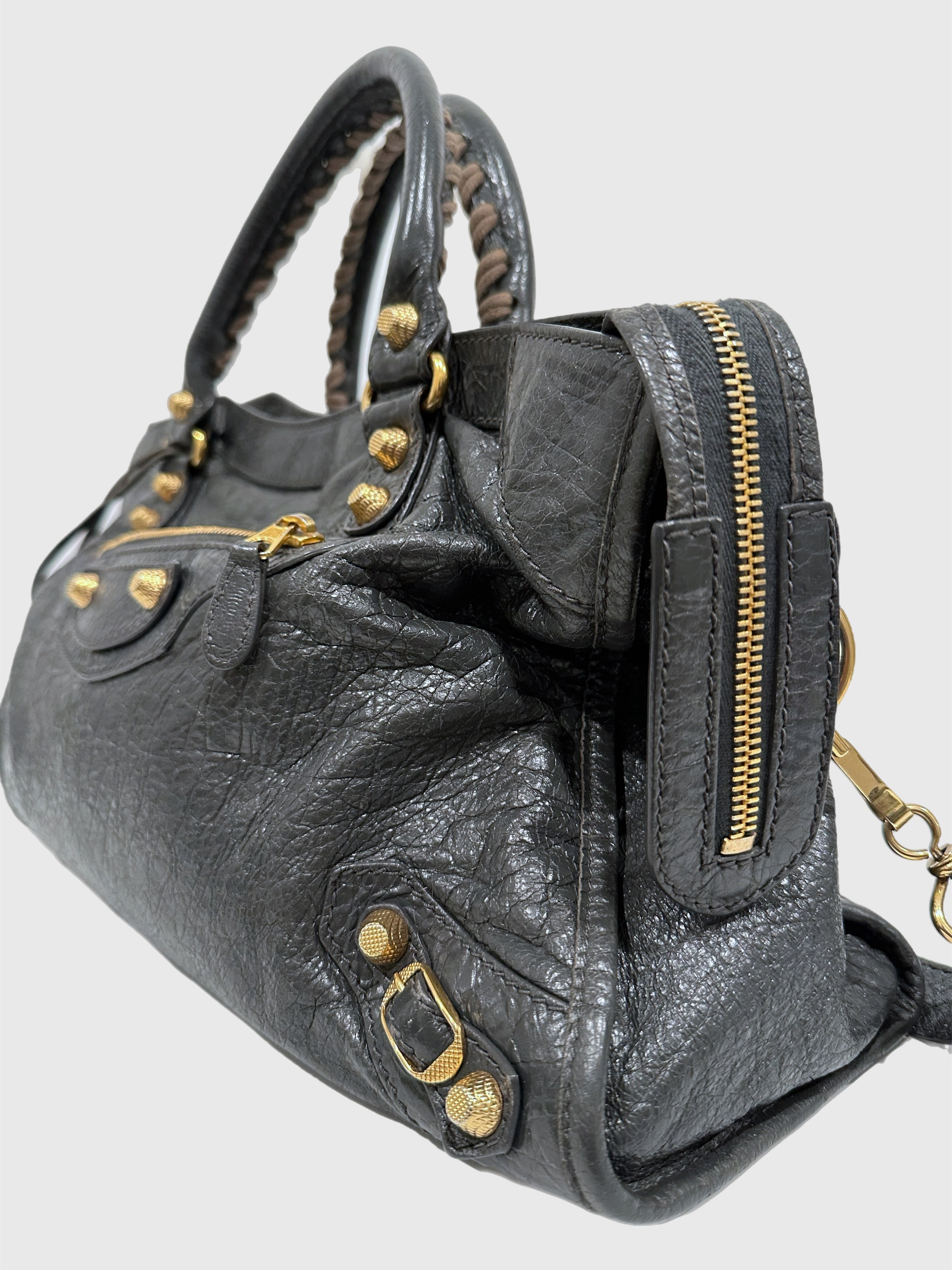 Balenciaga Dark Gray Leather Motocross City Giant Shoulder Bag with Strap