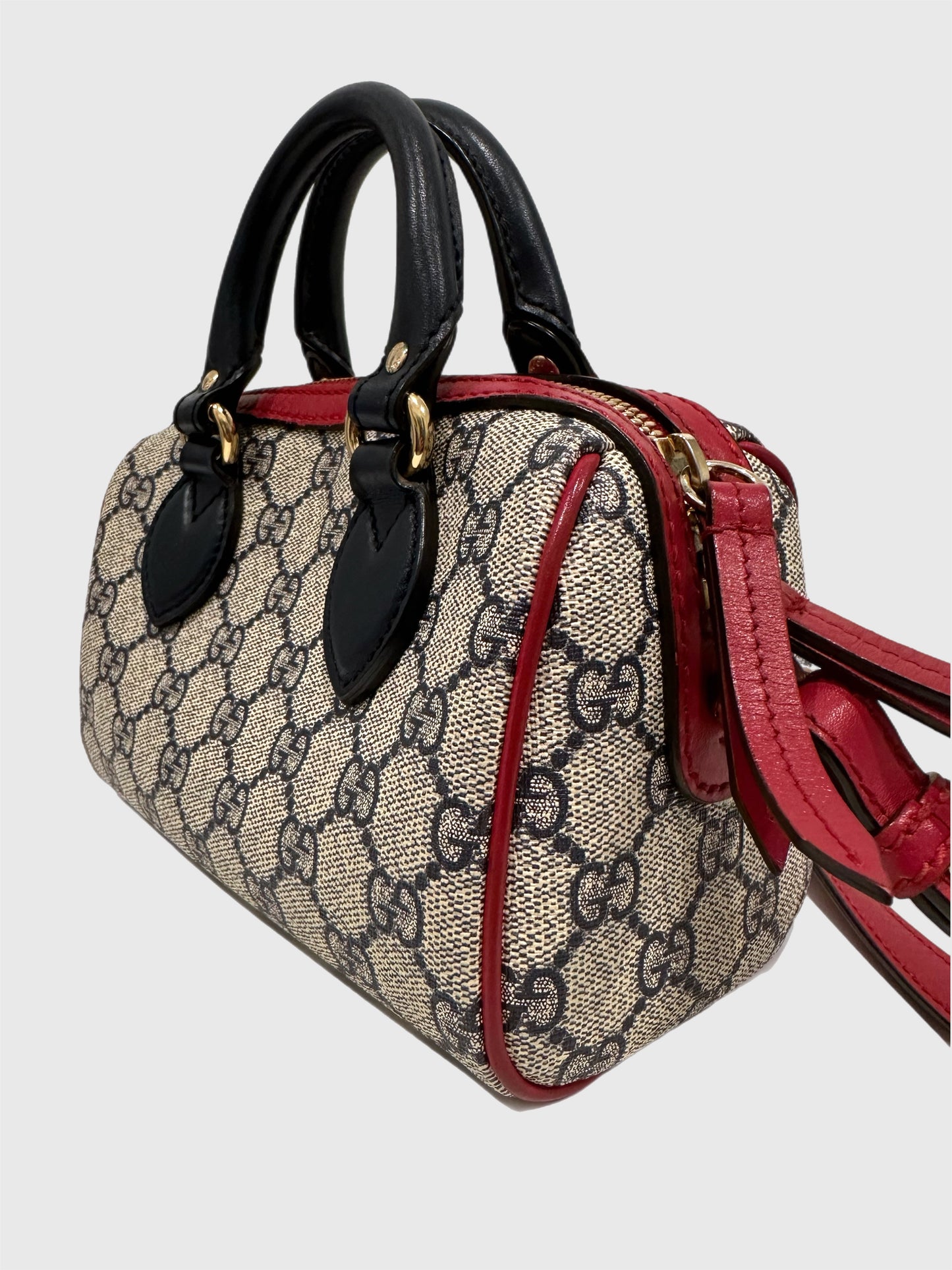 Gucci GG Boston Supreme Beige Canvas Navy Handles Crossbody Mini Bag