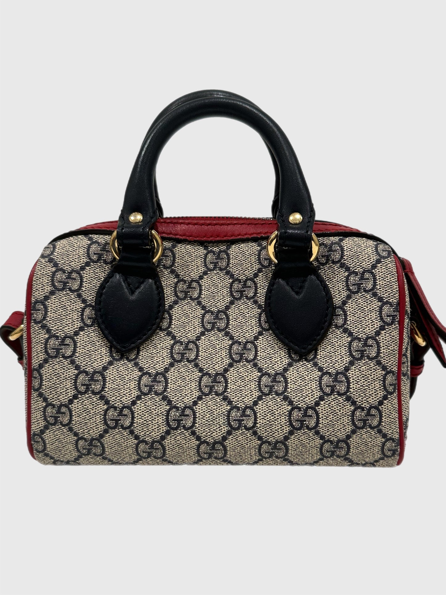 Gucci GG Boston Supreme Beige Canvas Navy Handles Crossbody Mini Bag