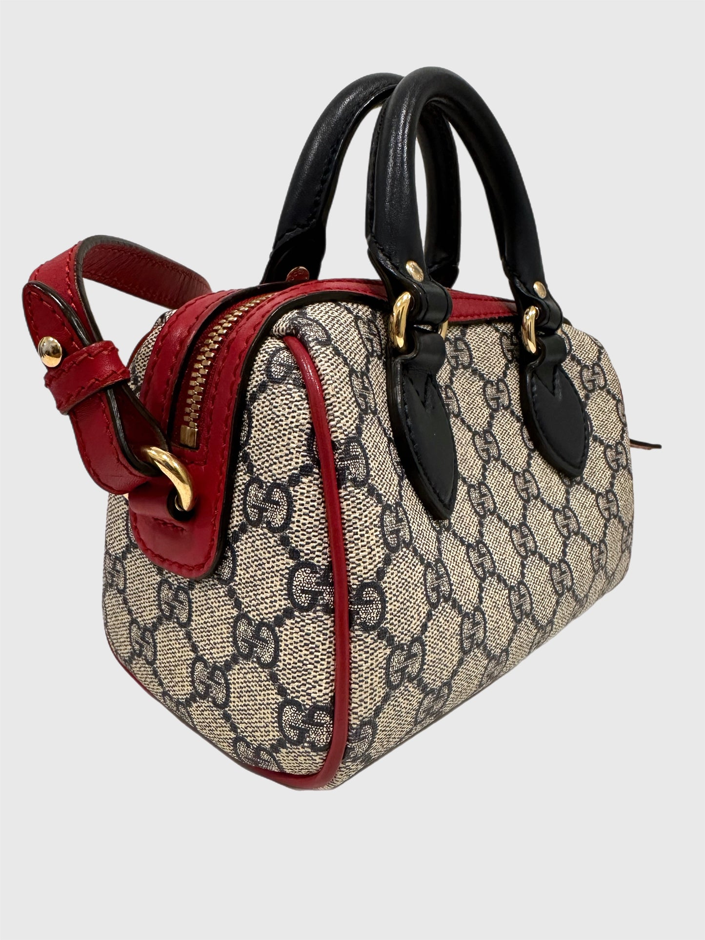 Gucci GG Boston Supreme Beige Canvas Navy Handles Crossbody Mini Bag