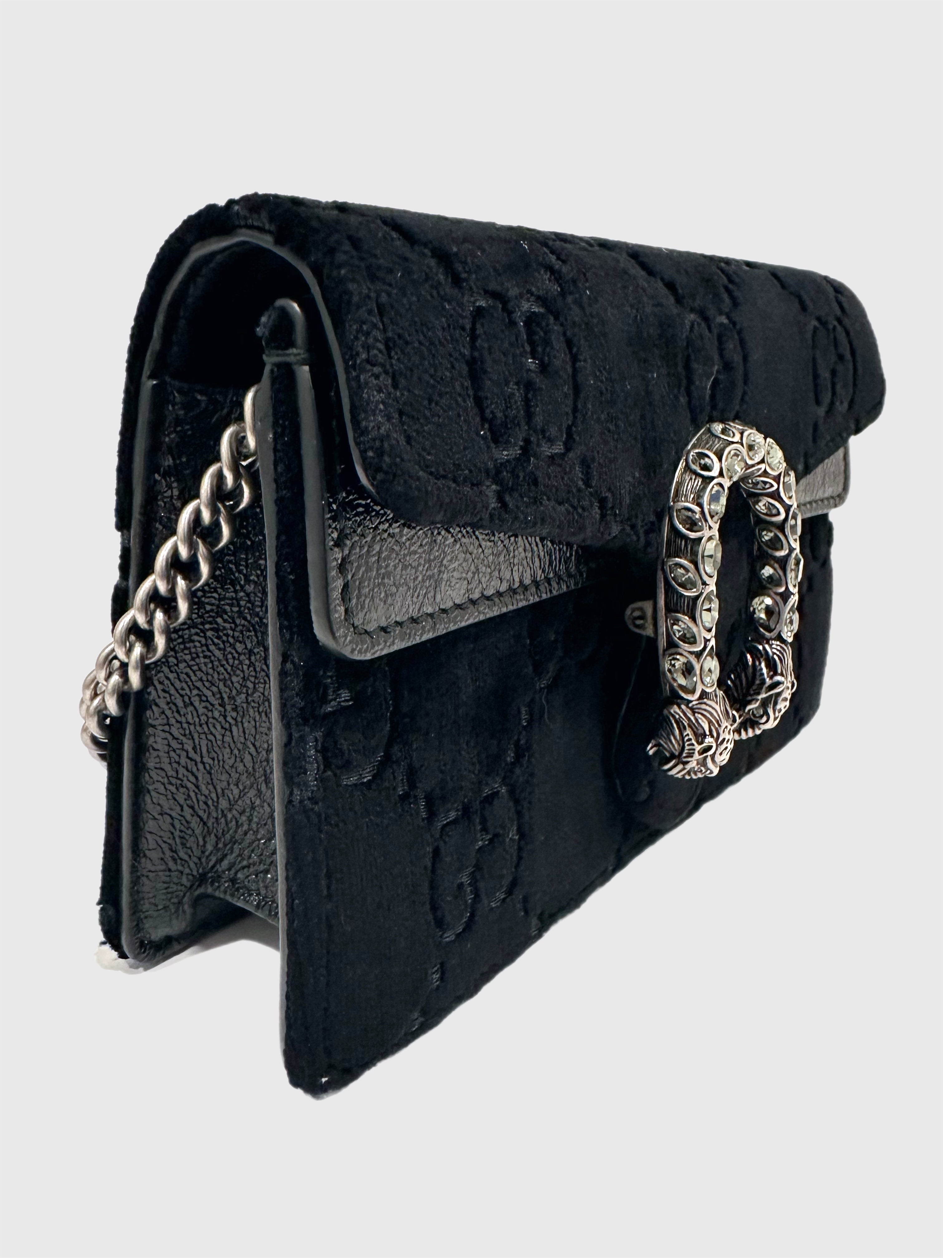 Pre-Owned Gucci GG Black Velvet Crystal Dionysus Super Mini Bag
