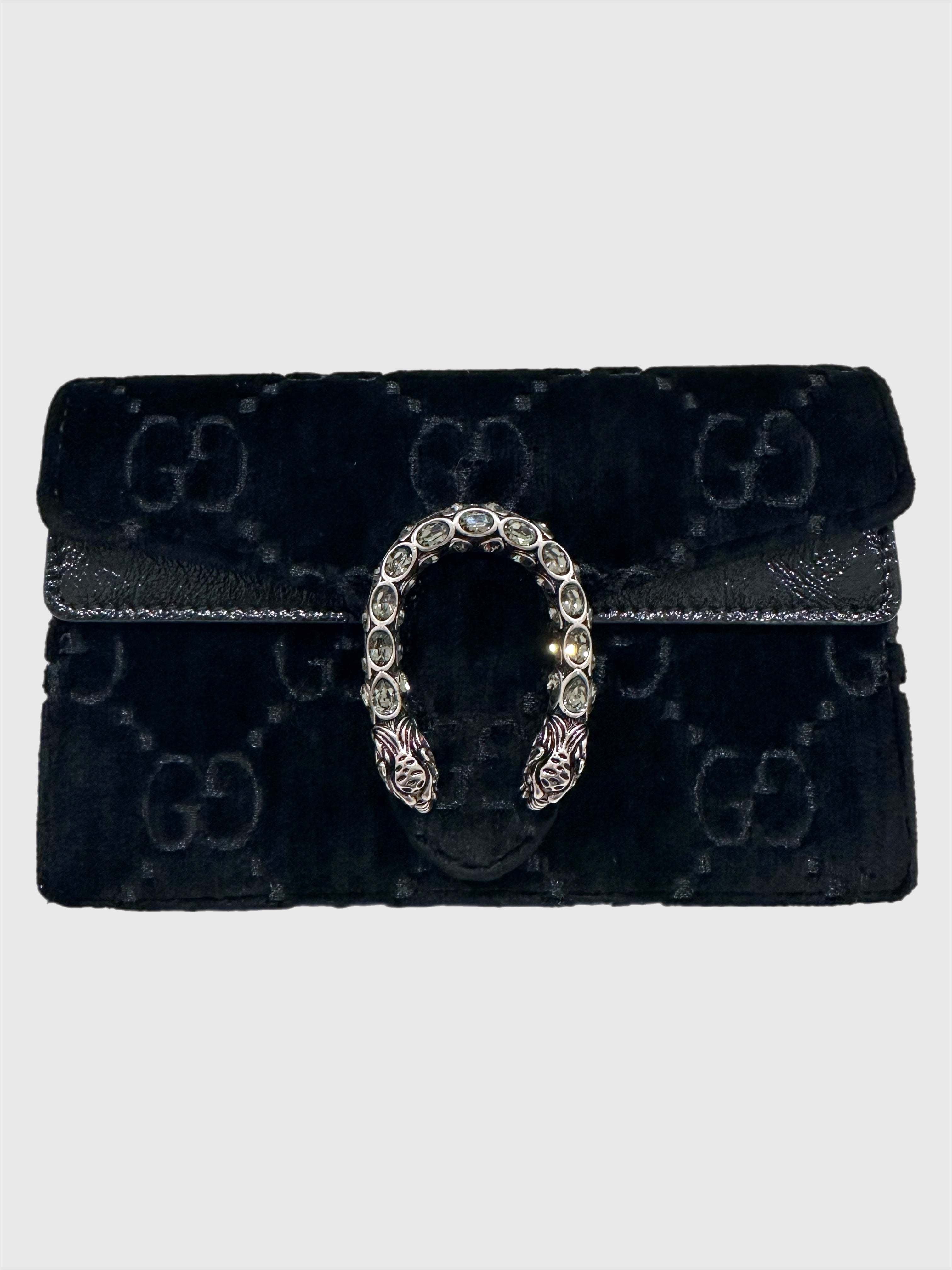 Pre-Owned Gucci GG Black Velvet Crystal Dionysus Super Mini Bag