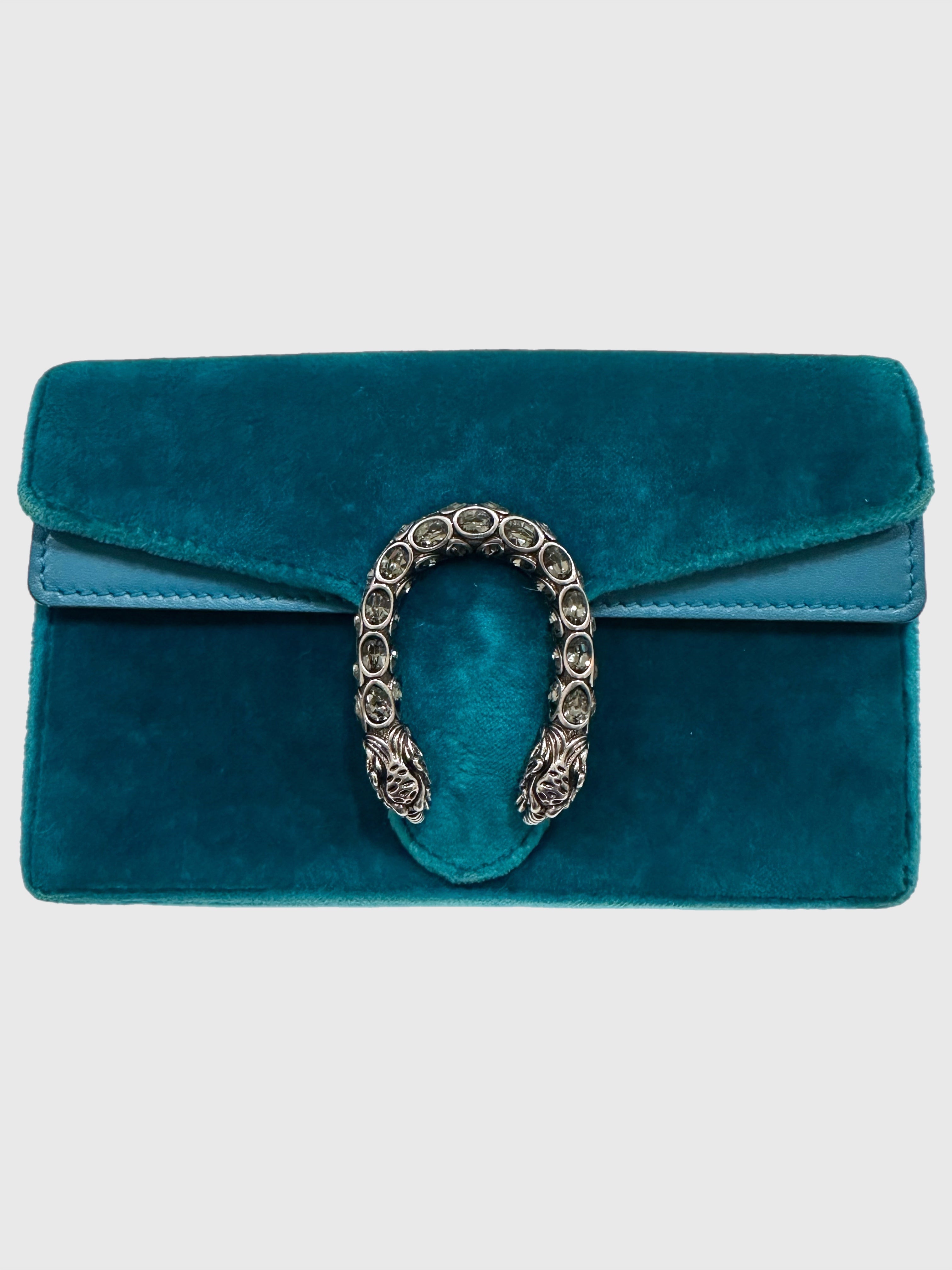 Gucci Teal Velvet Crystal Dionysus Super Mini Bag