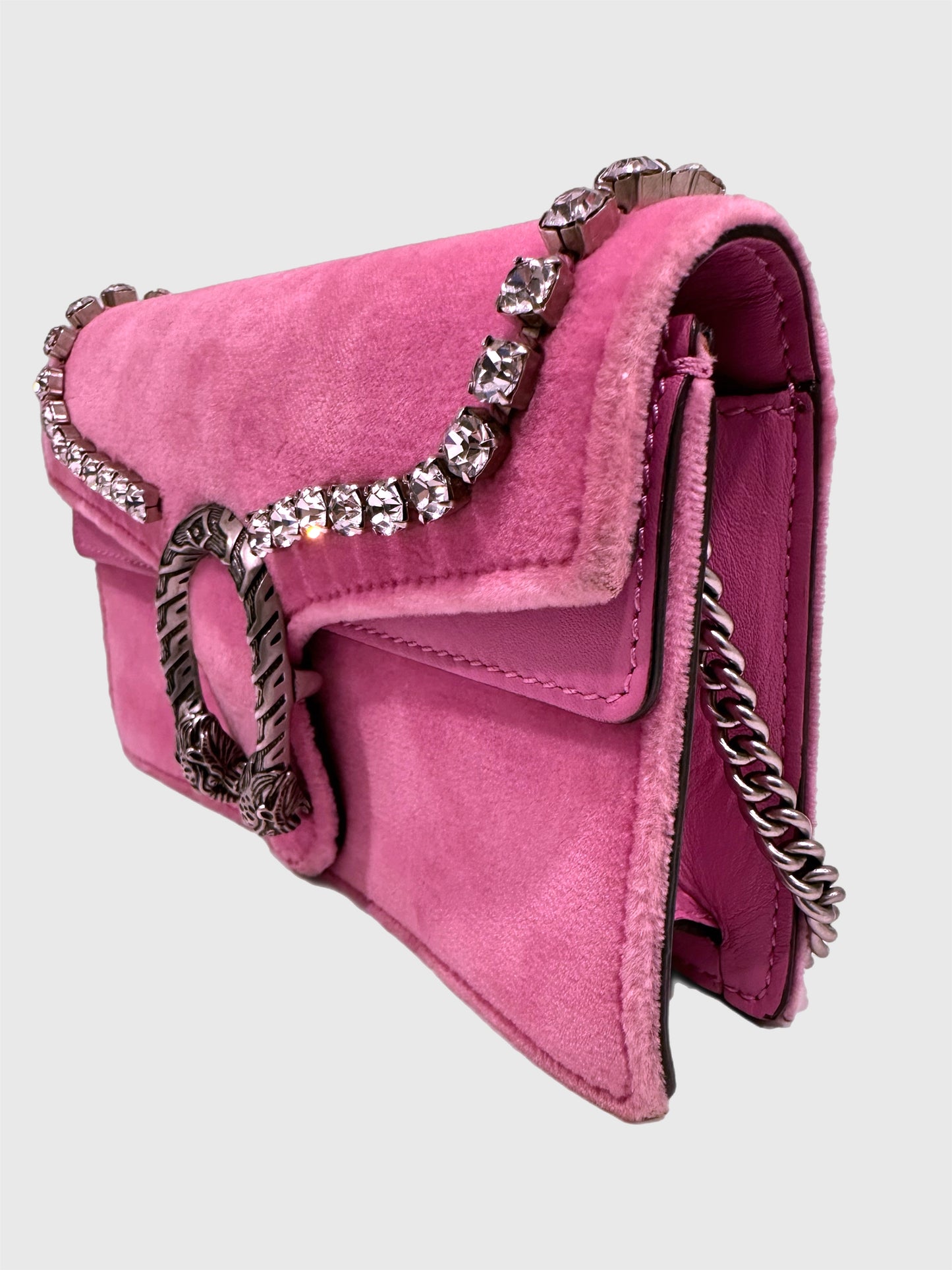 Gucci Pink Velvet Crystal Dionysus Super Mini Bag