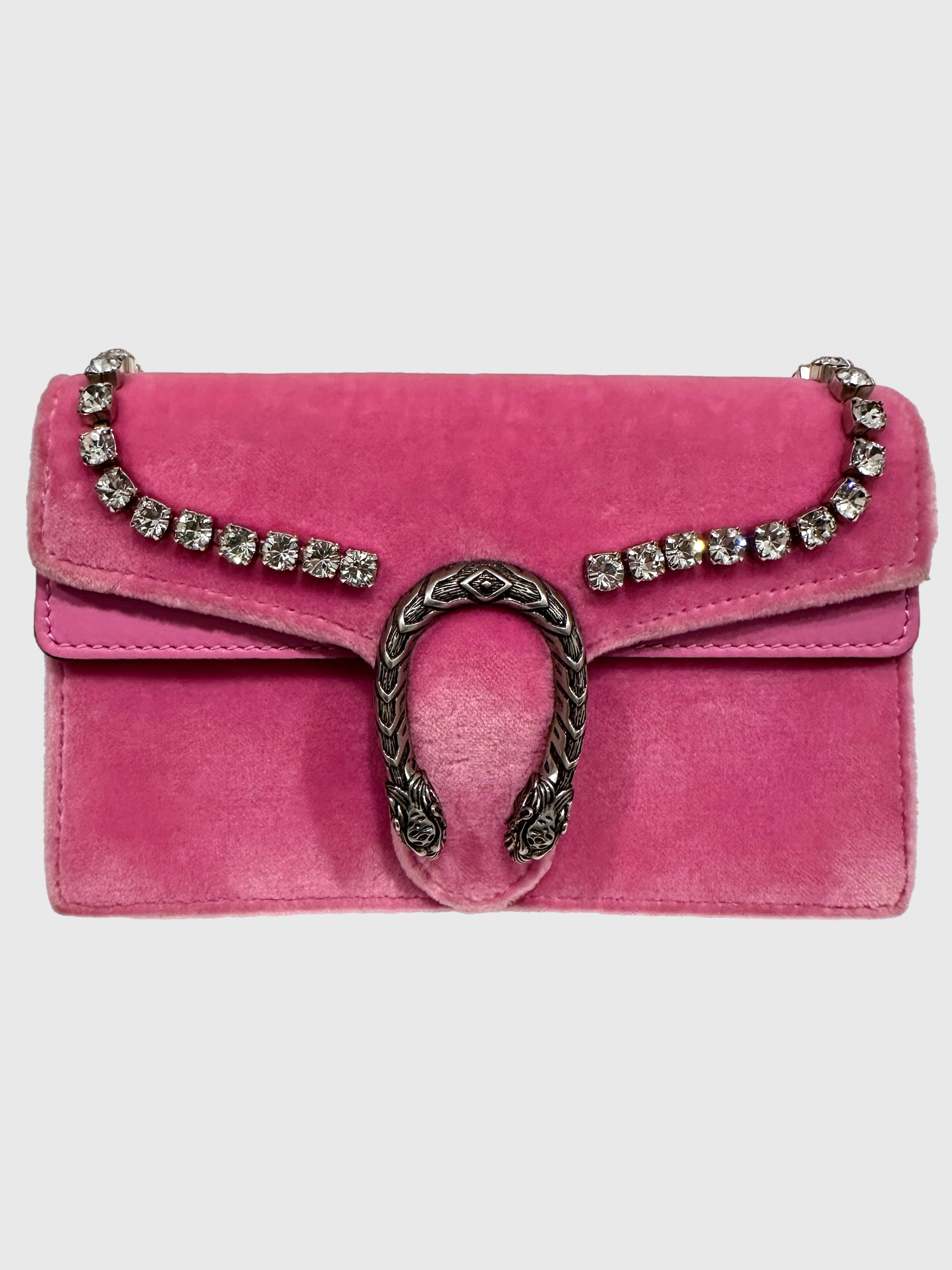 Gucci Pink Velvet Crystal Dionysus Super Mini Bag