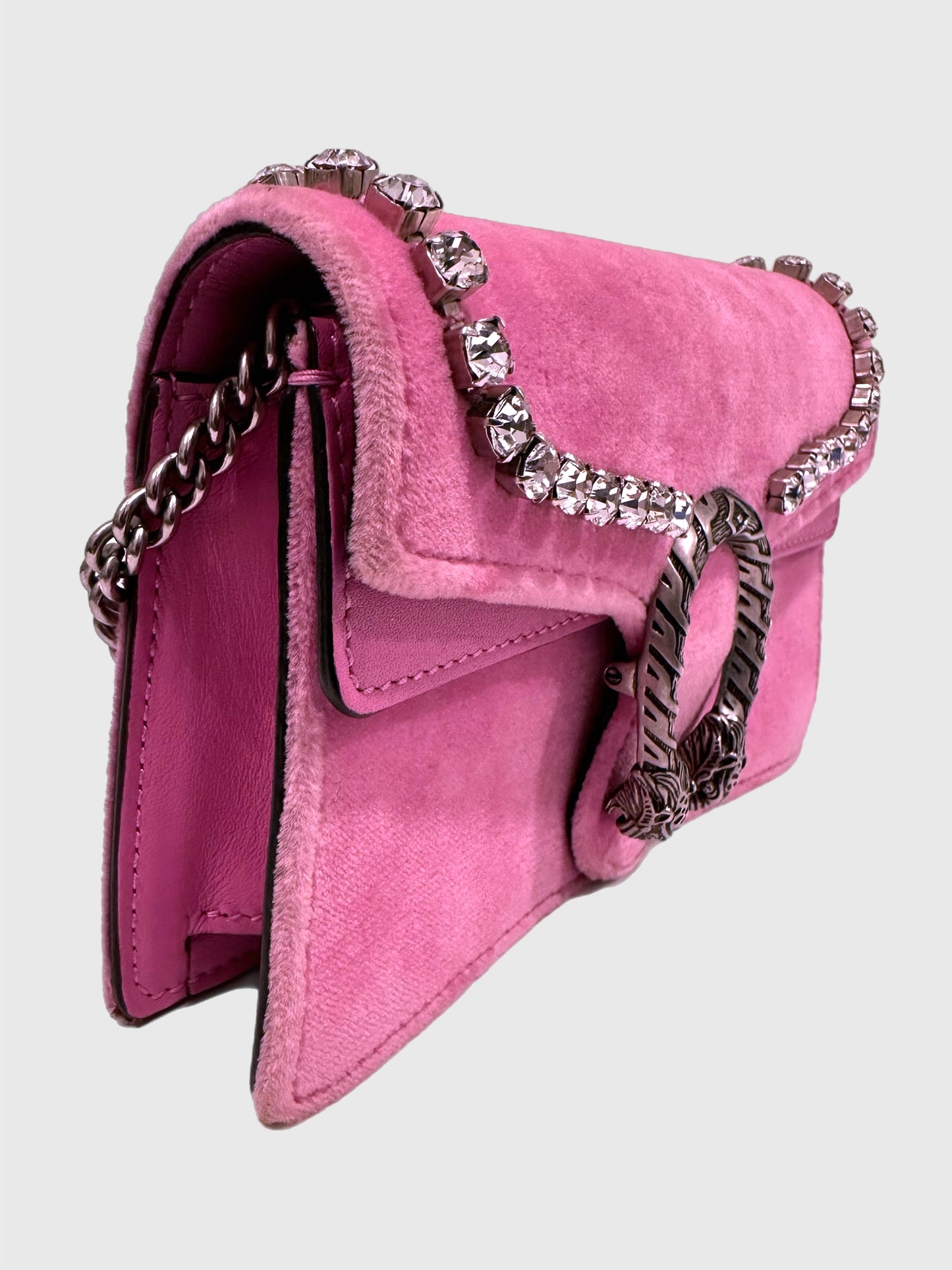 Gucci Pink Velvet Crystal Dionysus Super Mini Bag