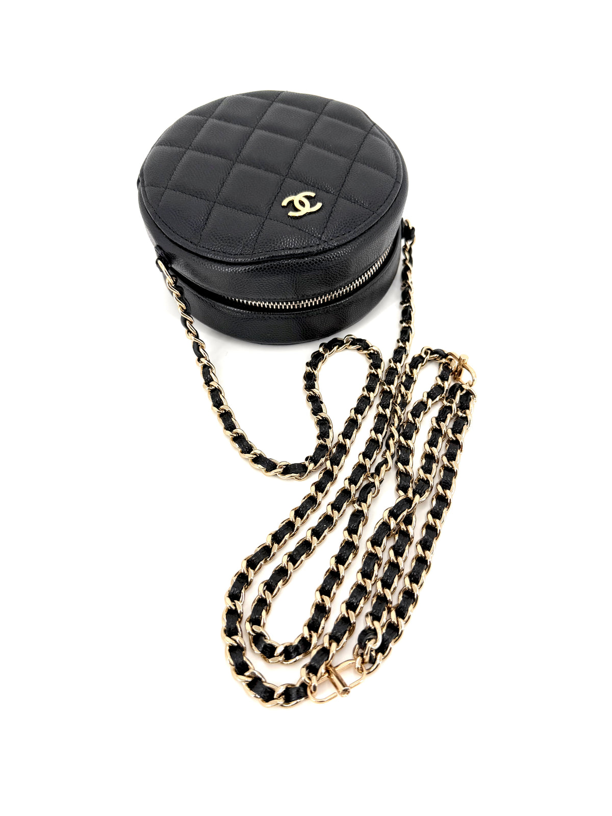 Pre-Owned Chanel Mini Round Black Quilted Caviar Leather Crossbody Bag