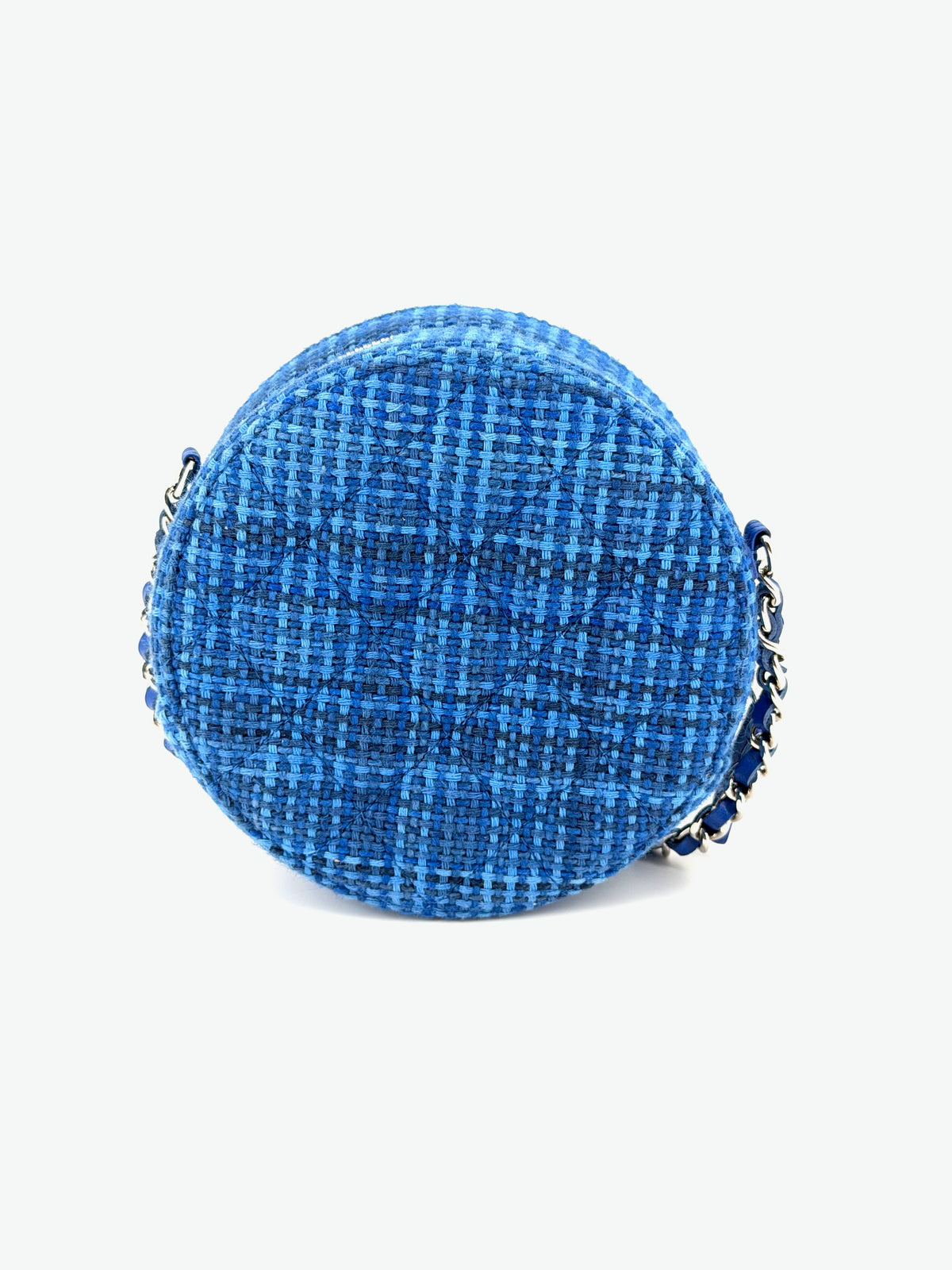 Pre-Owned Chanel Mini Round Blue Tweed Crossbody Bag Silver Hardware