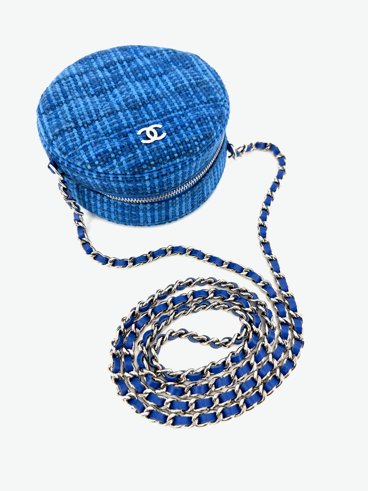 Pre-Owned Chanel Mini Round Blue Tweed Crossbody Bag Silver Hardware