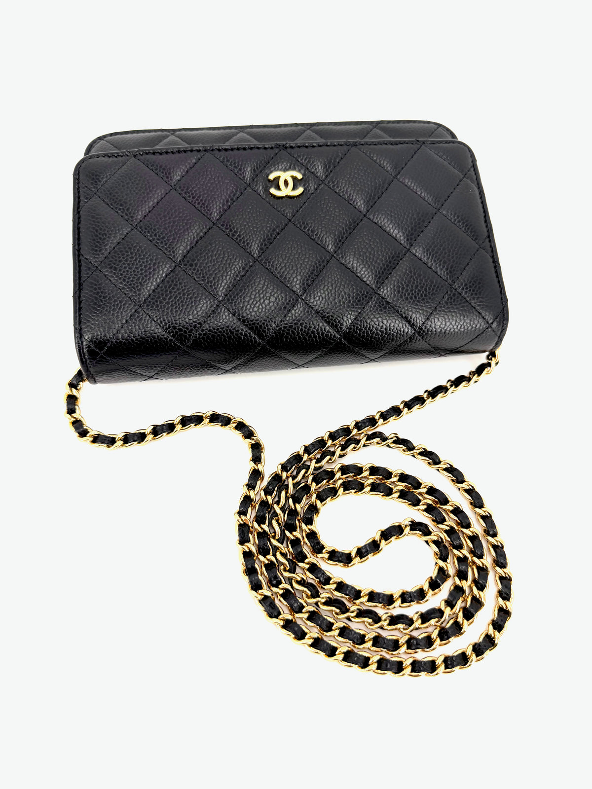 Pre-Owned Chanel Classic Wallet on Chain WOC Black Quilted Caviar Leather Gold Hardware