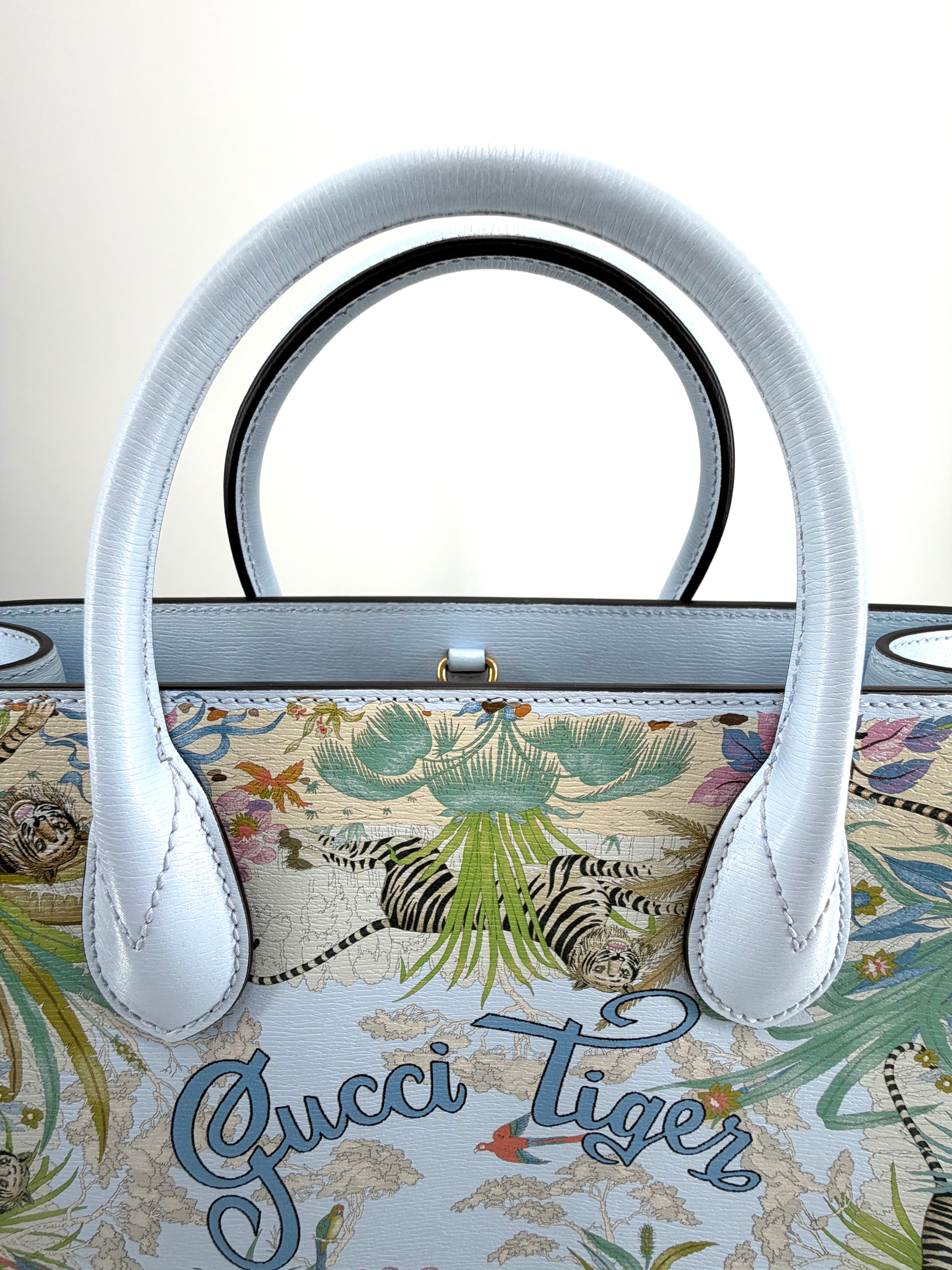 Gucci Tiger Blue Leather Canvas Tote Bag with Shoulder Strap